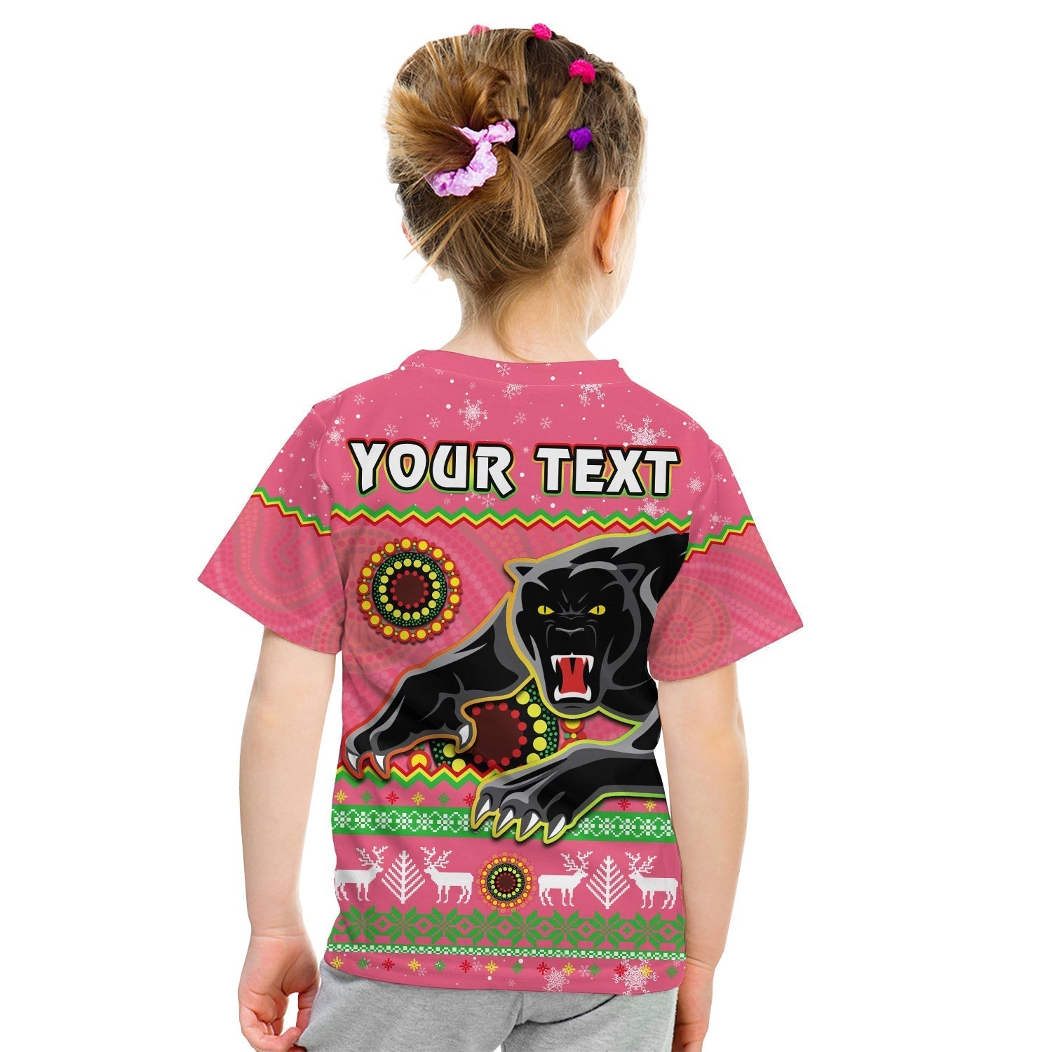 (Custom Personalised) Panthers Christmas T Shirt KID Aboriginal Pattern Penrith Pink Version - Vibe Hoodie Shop