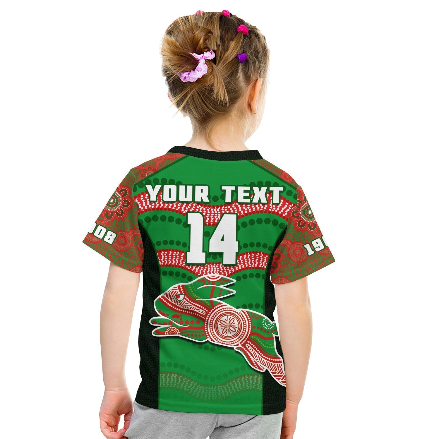 (Custom Text And Number) Rabbitohs Rugby T Shirt KID Souths 1908 Aboriginal Dot Painting Go Bunnies - Vibe Hoodie Shop