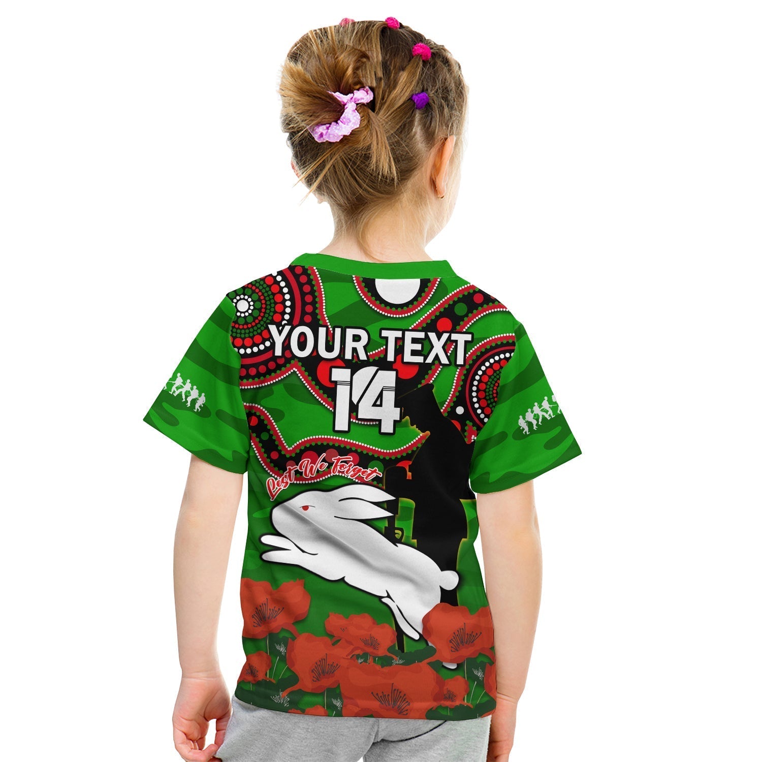 (Custom Text And Number) Rabbitohs Rugby ANZAC 2023 T Shirt KID Lest We Forget - Vibe Hoodie Shop
