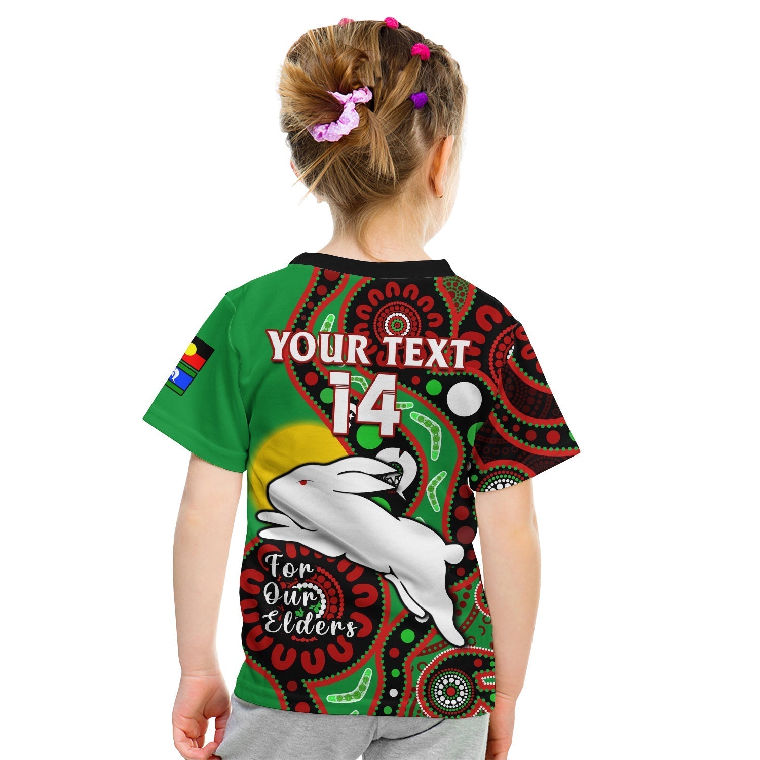 (Custom Text And Number) Rabbitohs Rugby NAIDOC 2023 T Shirt KID For Our Elders Aboriginal - Vibe Hoodie Shop