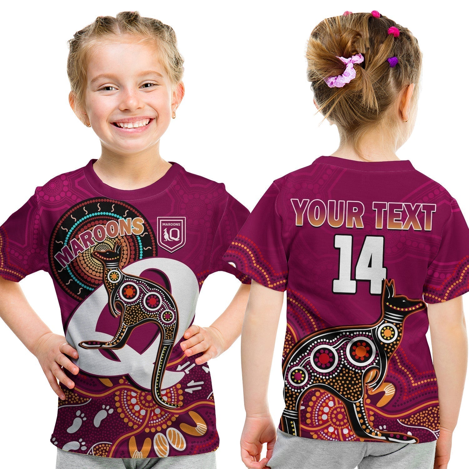 (Custom Text And Number) Maroons Rugby T shirt KID Queensland Kangaroo Aboriginal Dot Paintings - Vibe Hoodie Shop