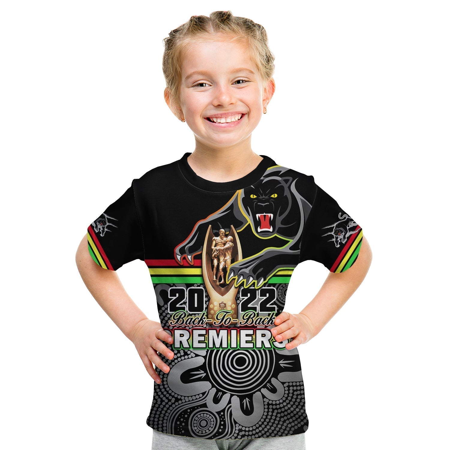 Custom Personalised Panthers Rugby T Shirt KID Pennies Premiers 2022 Back To Back Indigenous Original - Vibe Hoodie Shop