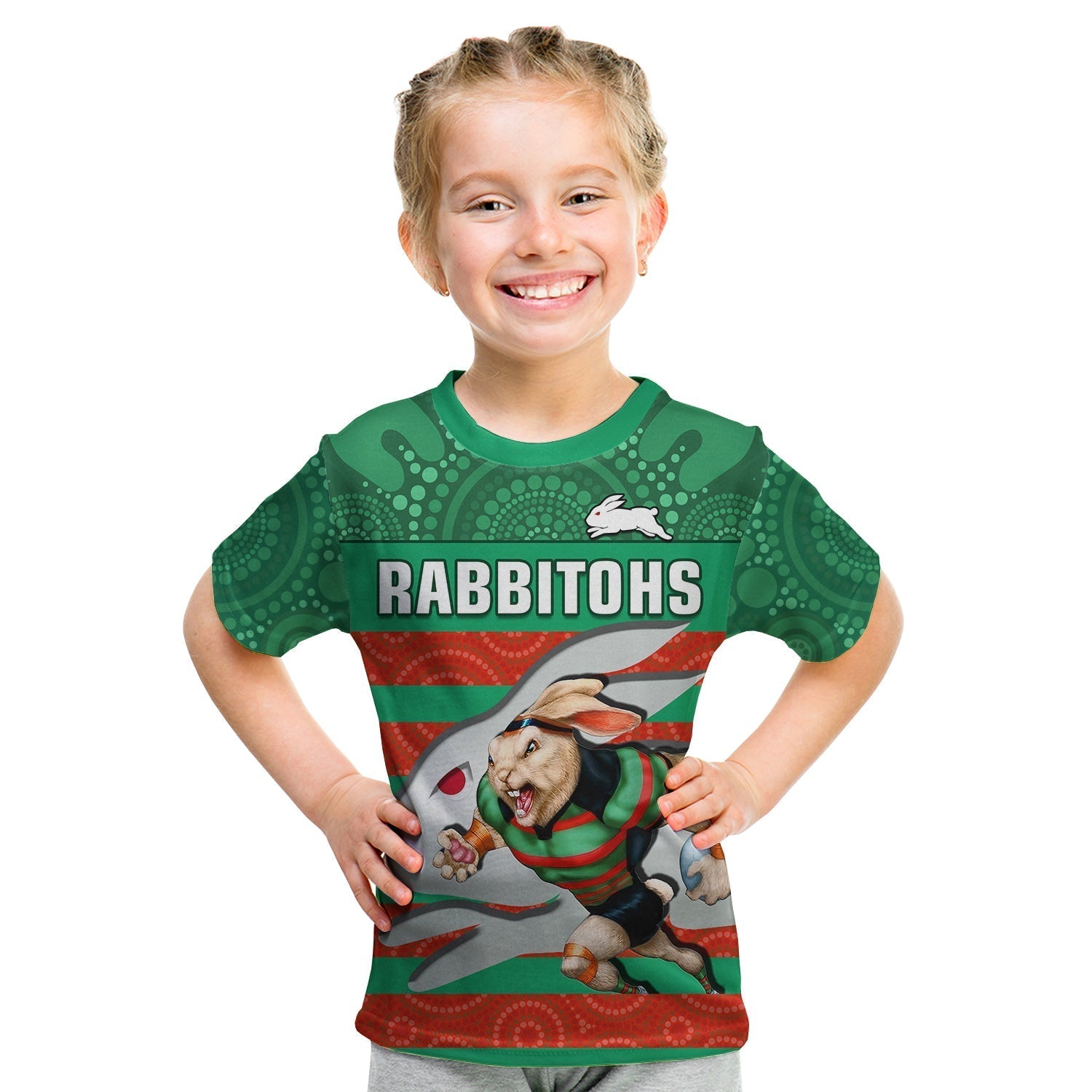 Rabbitohs Rugby T Shirt KID Aboriginal Dot Painting Glory Glory Sporty Style - Vibe Hoodie Shop
