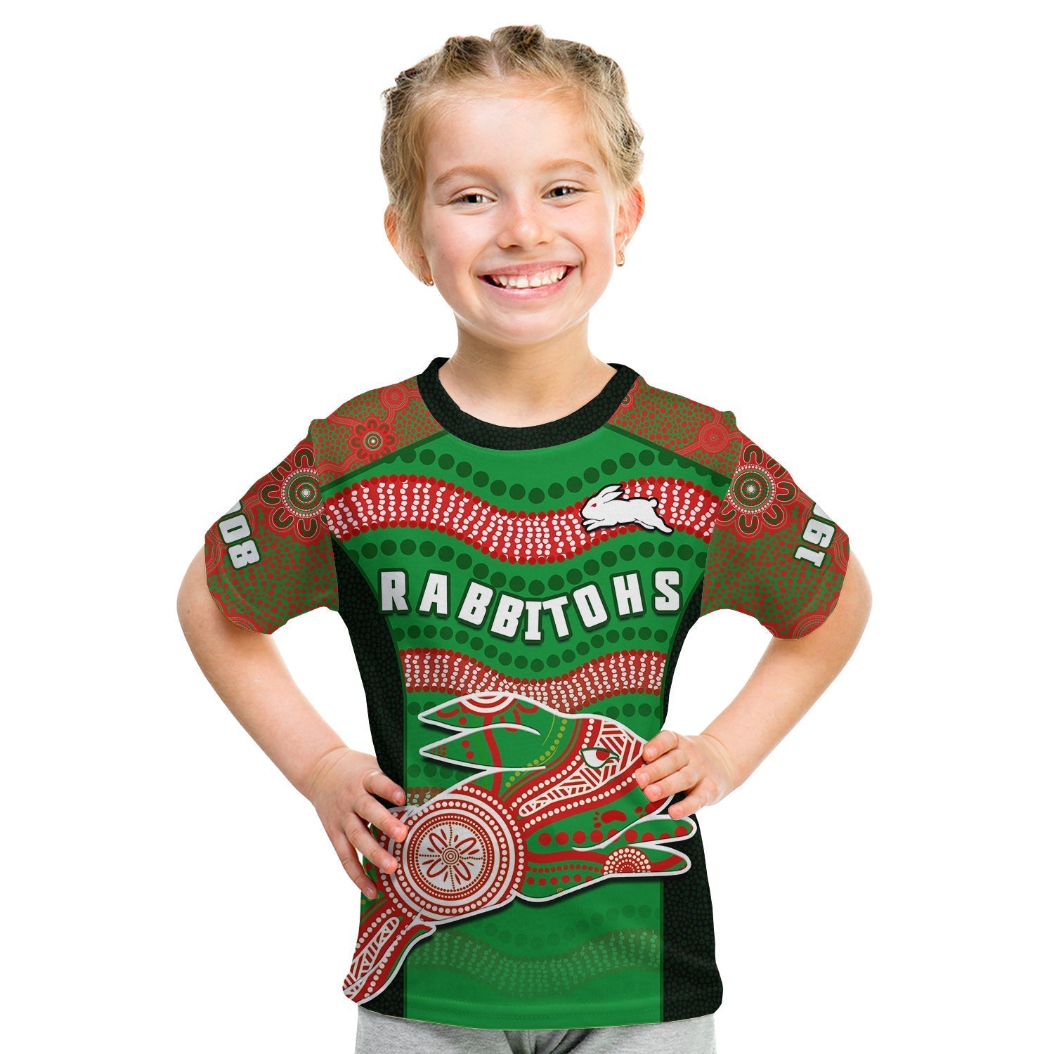 (Custom Text And Number) Rabbitohs Rugby T Shirt KID Souths 1908 Aboriginal Dot Painting Go Bunnies - Vibe Hoodie Shop