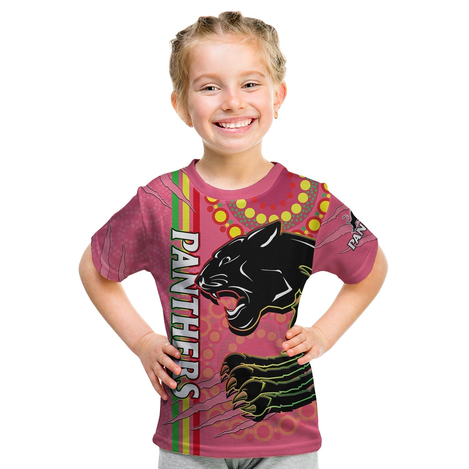 Panthers Rugby T Shirt KID The Mountain Men Aboriginal Art Dynamic Pink Version - Vibe Hoodie Shop