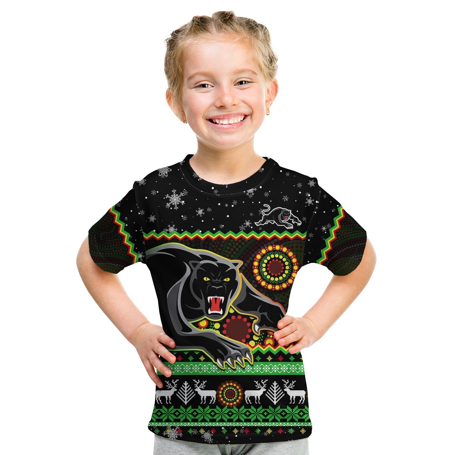 Panthers Christmas T Shirt KID Aboriginal Pattern Penrith Black Version - Vibe Hoodie Shop