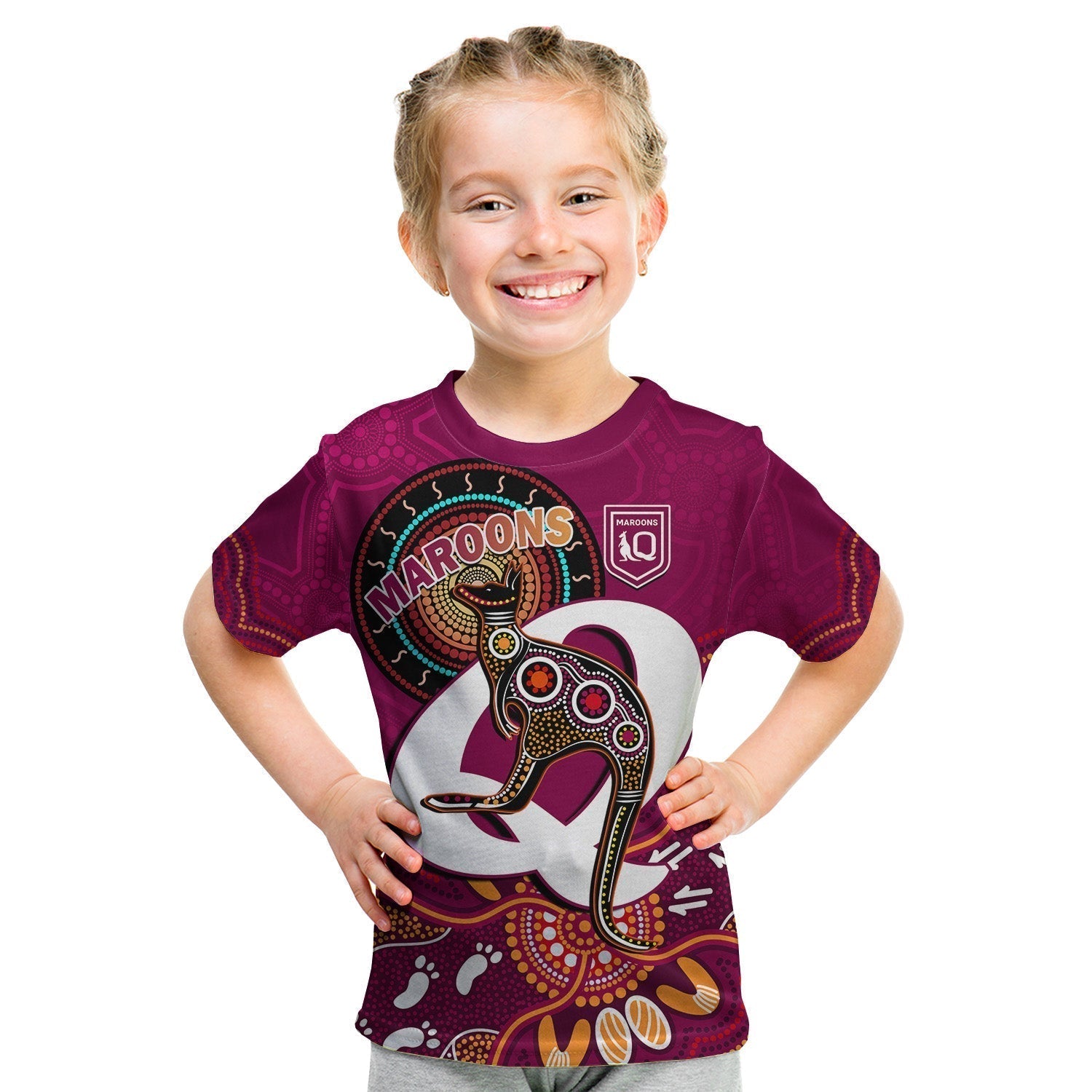 (Custom Text And Number) Maroons Rugby T shirt KID Queensland Kangaroo Aboriginal Dot Paintings - Vibe Hoodie Shop