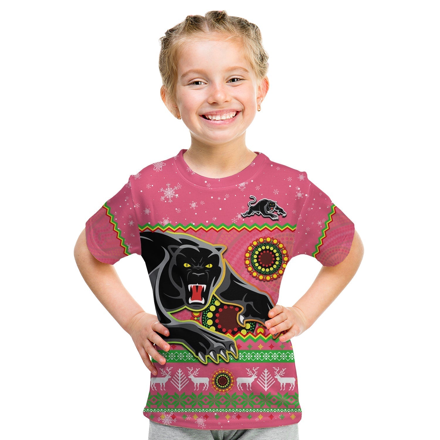 (Custom Personalised) Panthers Christmas T Shirt KID Aboriginal Pattern Penrith Pink Version - Vibe Hoodie Shop