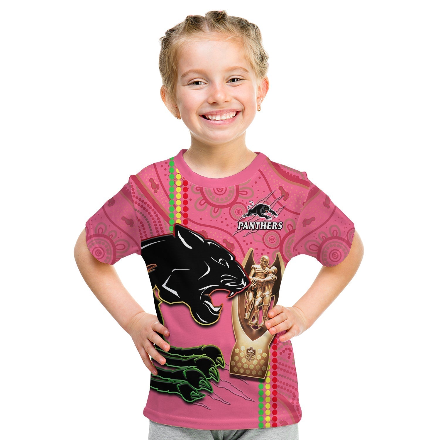 Panthers Rugby T Shirt KID The Riff 2022 Premiers Aboriginal Pink - Vibe Hoodie Shop