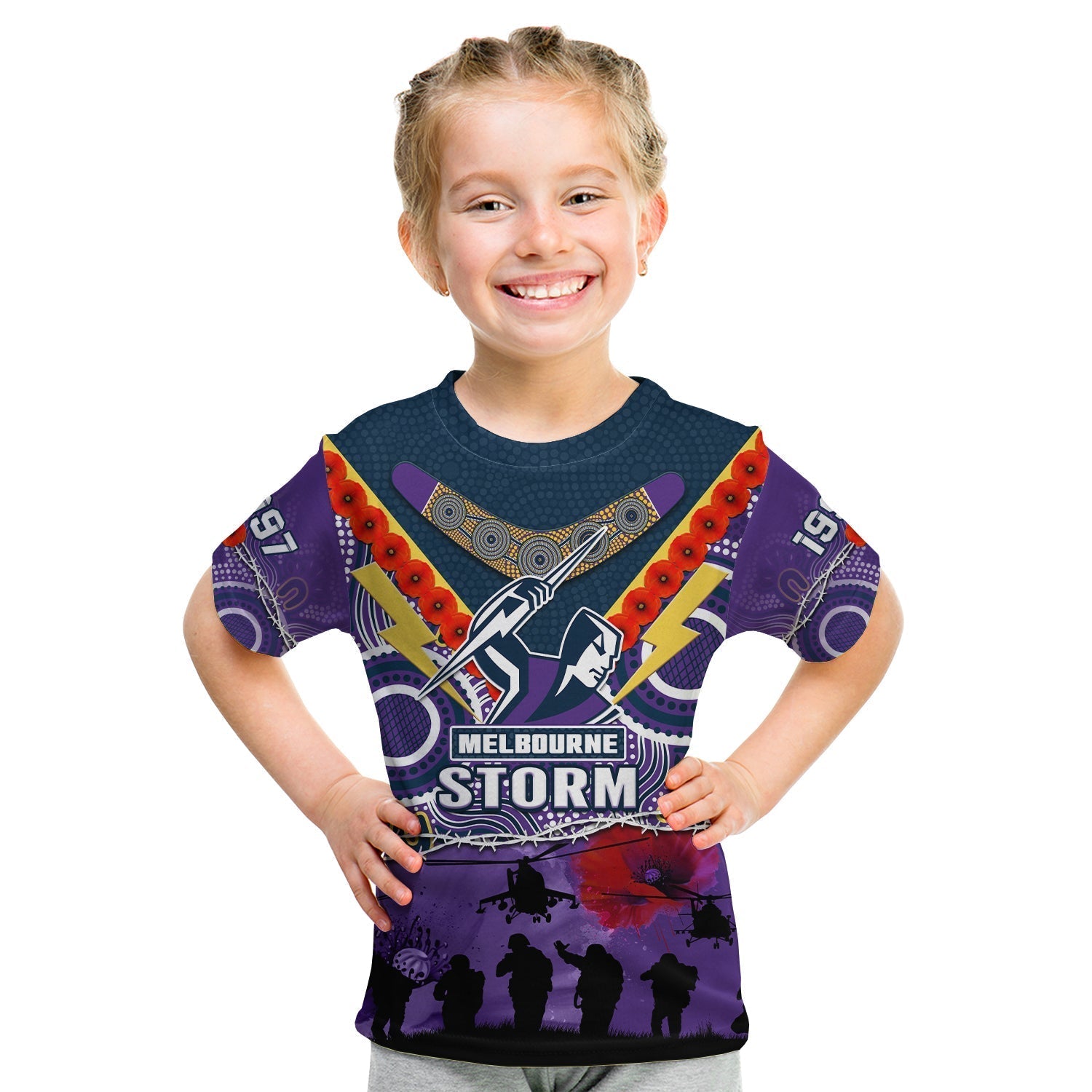 custom-text-and-number-melbourne-storm-rugby-anzac-t-shirt-kid-indigenous-poppy-australian-army