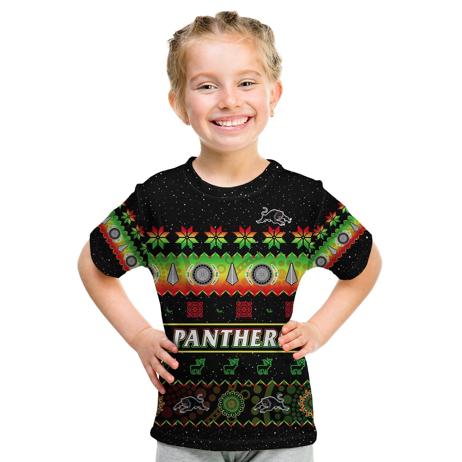 Penrith Panthers Christmas T Shirt KID The Riff Aboriginal Art Merry Xmas - Vibe Hoodie Shop