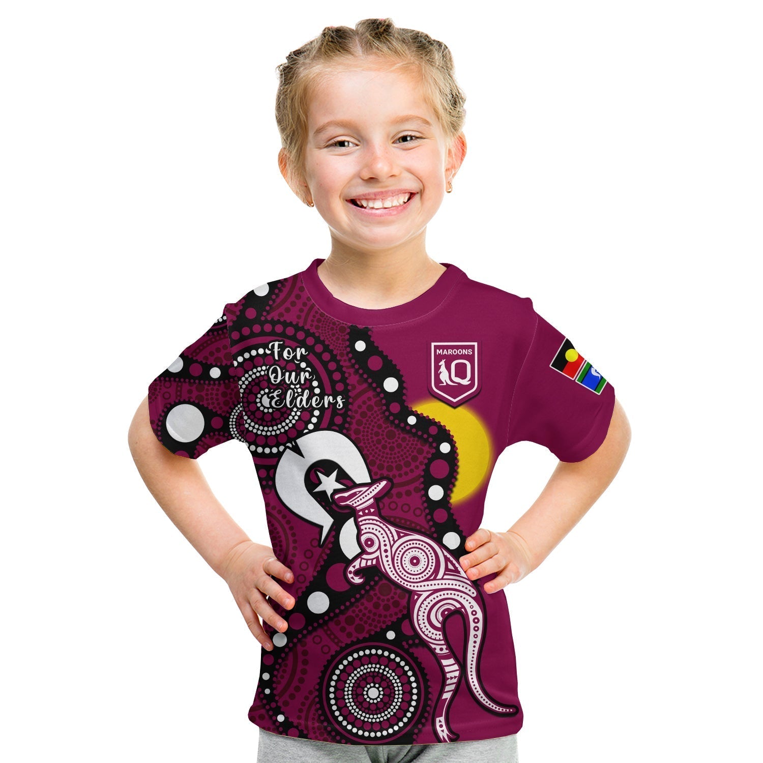 (Custom Text And Number) Maroons Rugby NAIDOC 2023 T Shirt KID QLD For Our Elders Indigenous Art - Vibe Hoodie Shop