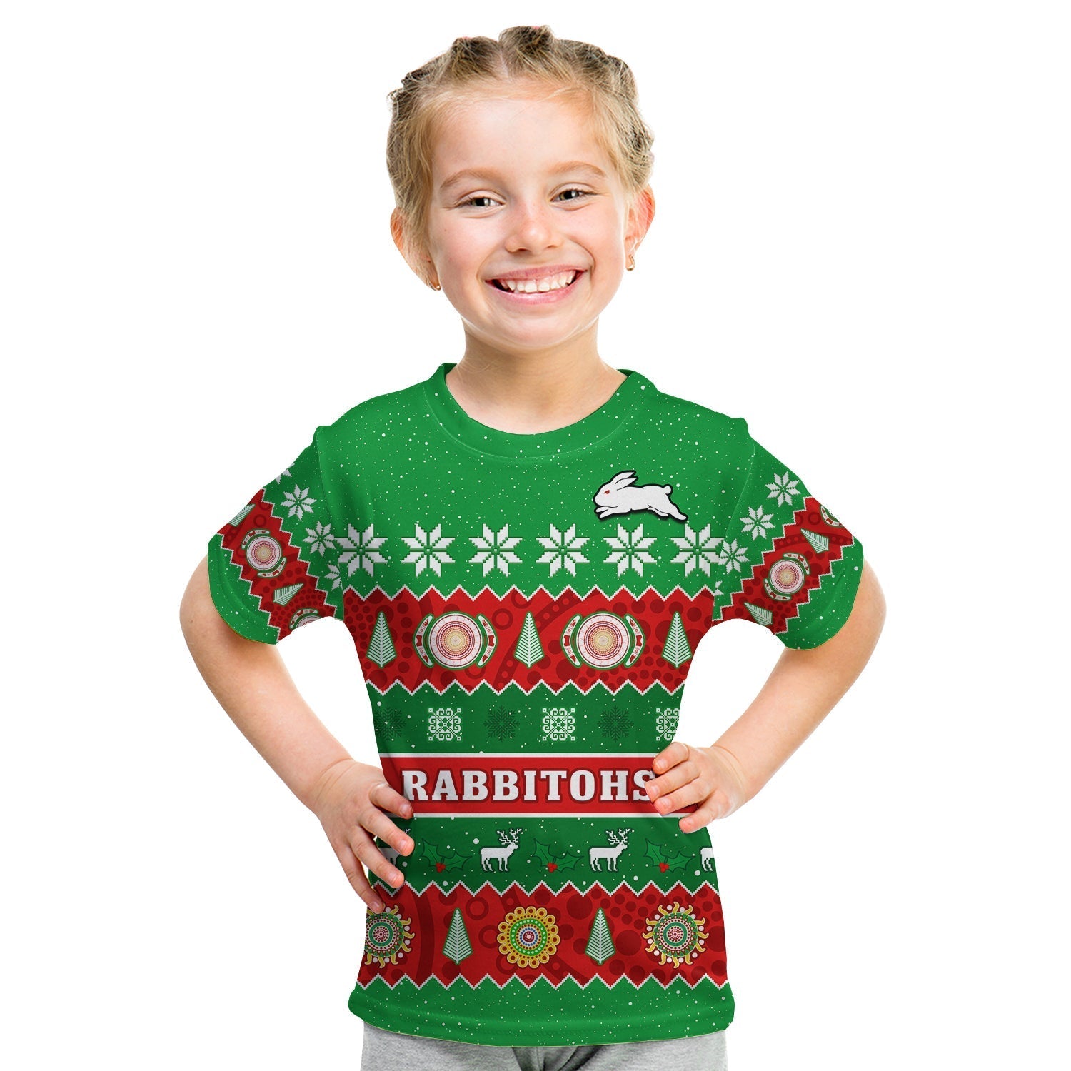 (Custom Personalised) Rabbitohs Christmas T Shirt KID Souths Aboriginal Art Merry Xmas - Vibe Hoodie Shop