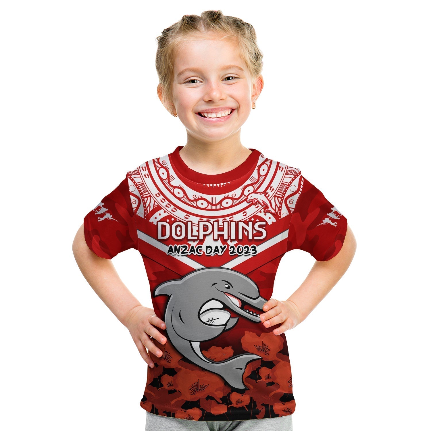 custom-text-and-number-dolphins-rugby-anzac-2023-t-shirt-kid-dots-poppy-mix-camouflage-lest-we-forget