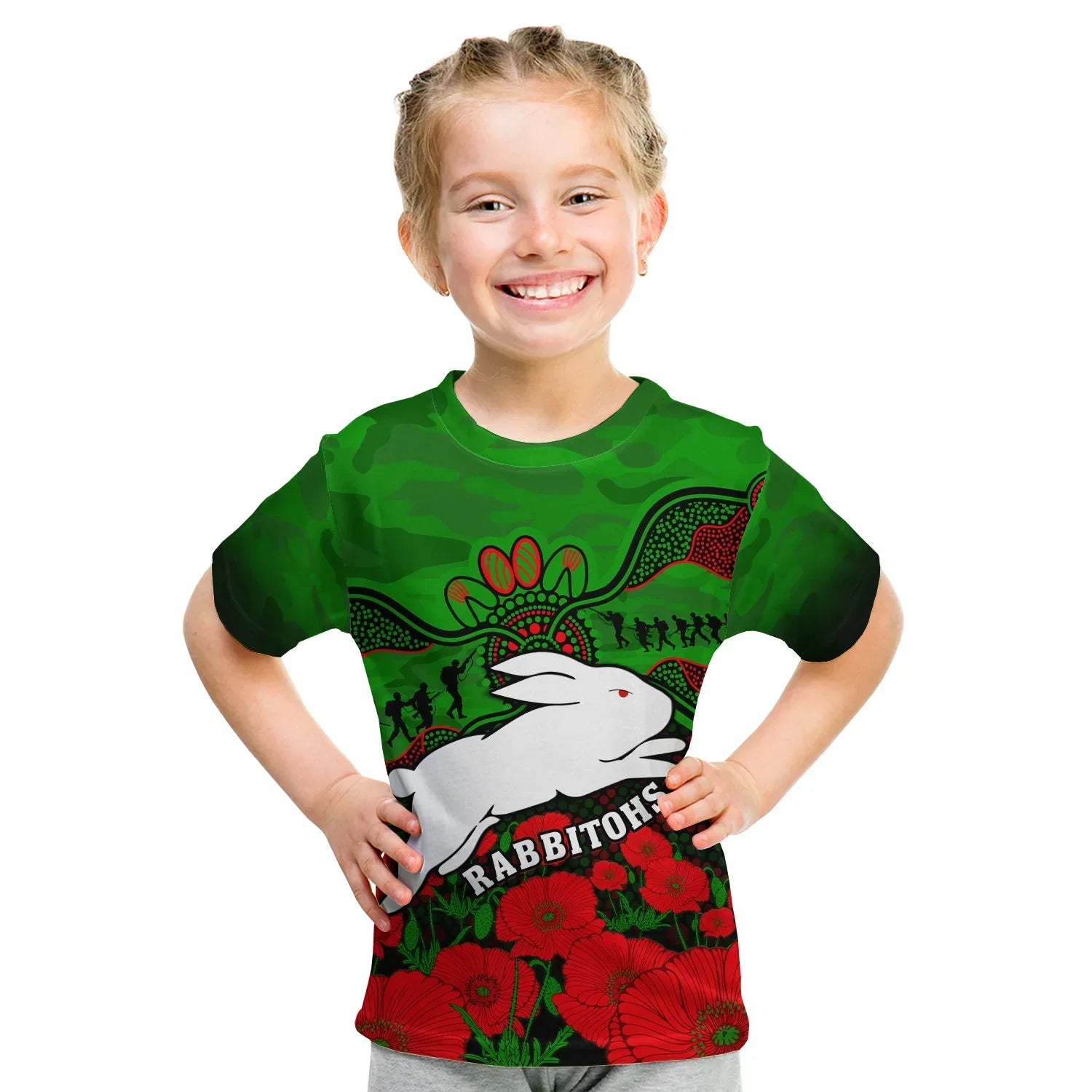 Rabbitohs Rugby ANZAC T Shirt KID South Sydney Camouflage Poppy Aboriginal - Vibe Hoodie Shop