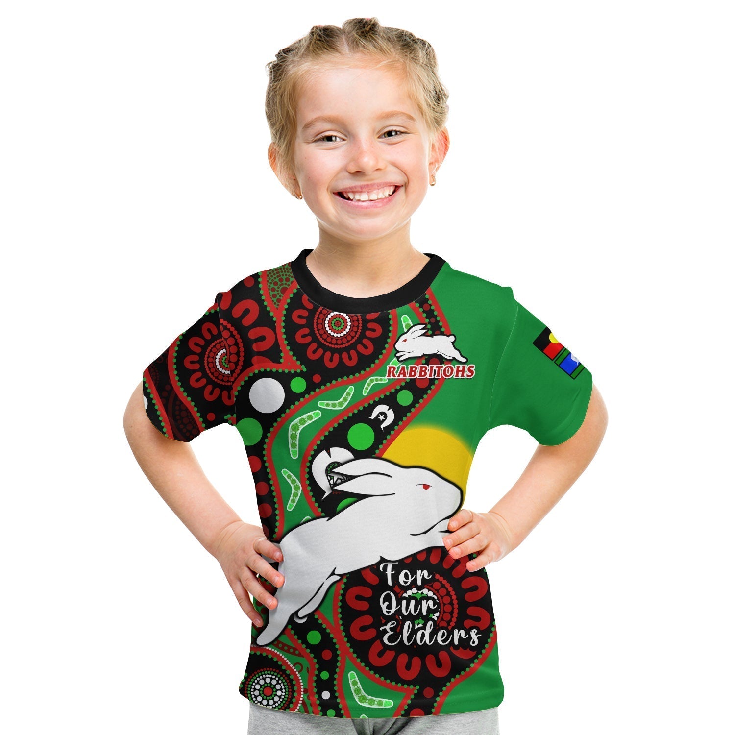 (Custom Text And Number) Rabbitohs Rugby NAIDOC 2023 T Shirt KID For Our Elders Aboriginal - Vibe Hoodie Shop