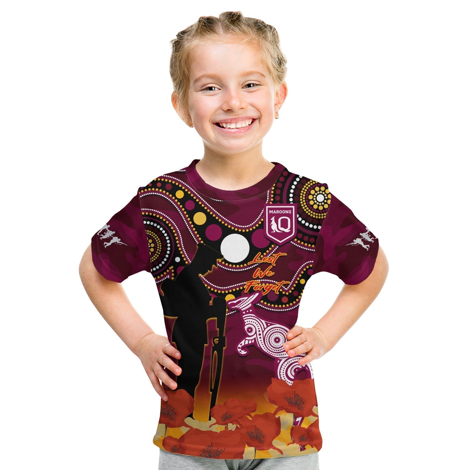 (Custom Text And Number) Maroons Rugby ANZAC 2023 T Shirt KID QLD Aboriginal Mix Poppy Camouflage - Vibe Hoodie Shop