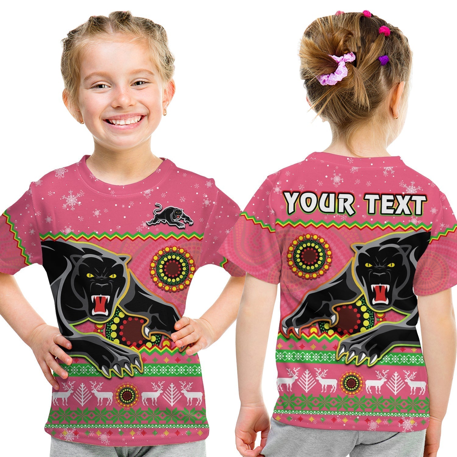 (Custom Personalised) Panthers Christmas T Shirt KID Aboriginal Pattern Penrith Pink Version - Vibe Hoodie Shop