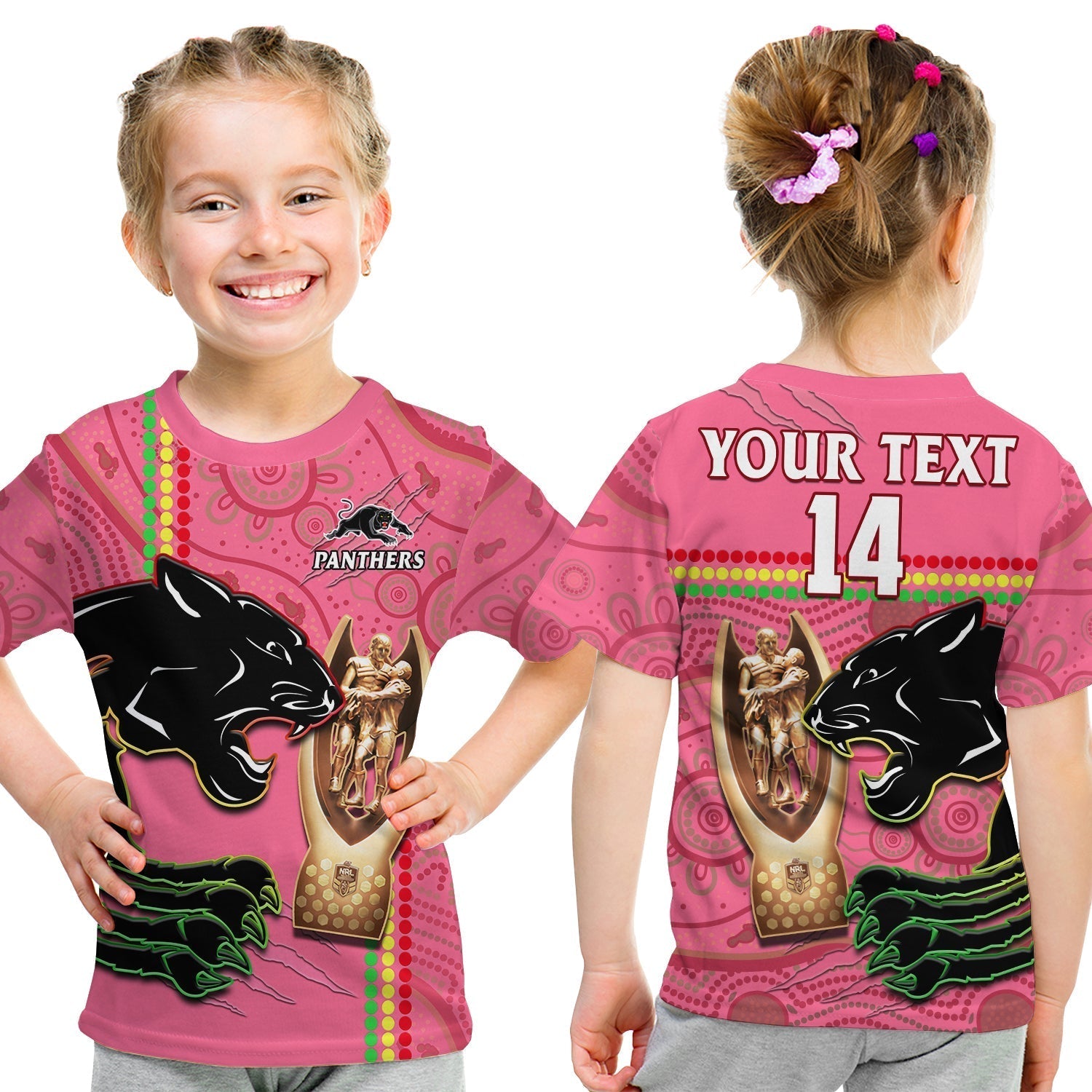 (Custom Text And Number) Panthers Rugby T Shirt KID The Riff 2022 Premiers Aboriginal Pink - Vibe Hoodie Shop