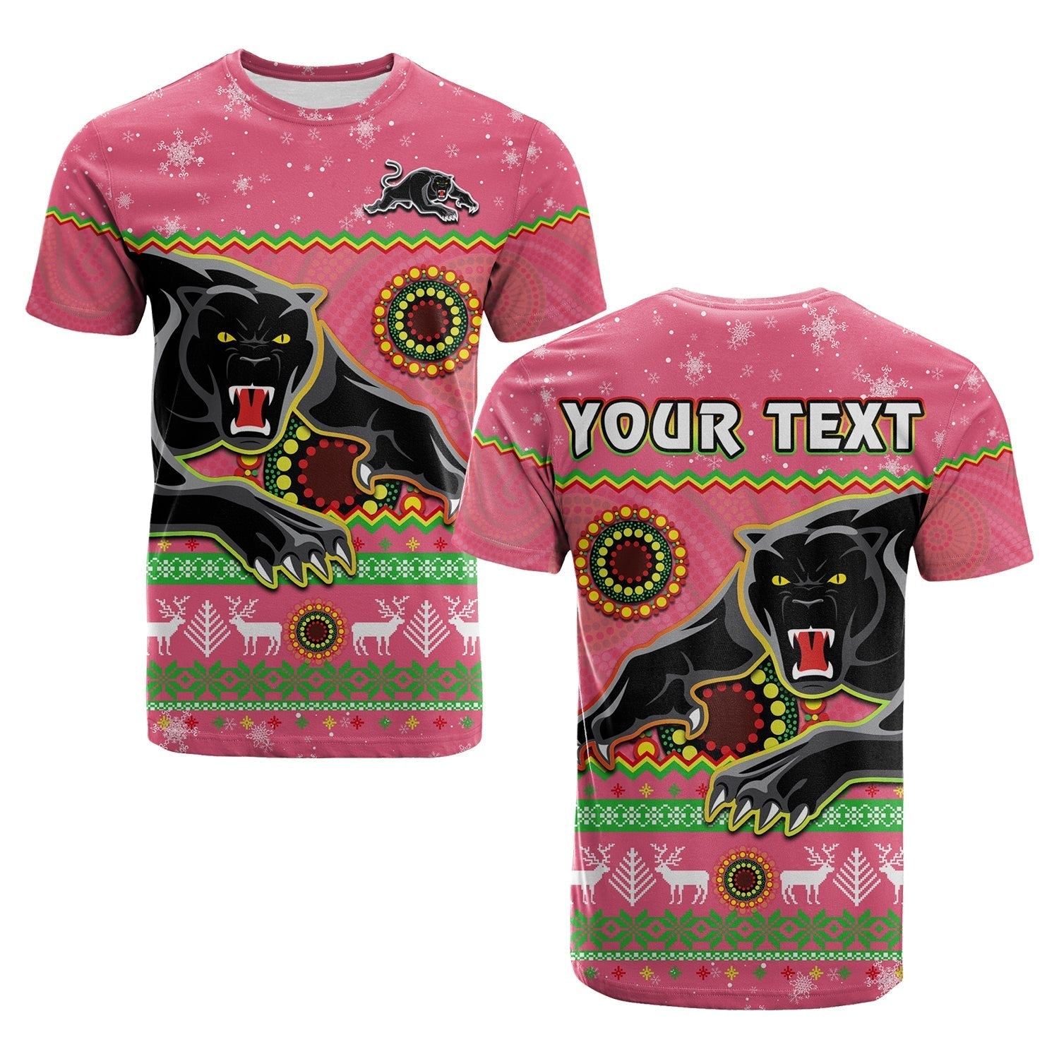 (Custom Personalised) Panthers Christmas T Shirt Aboriginal Pattern Penrith Pink Version - Vibe Hoodie Shop