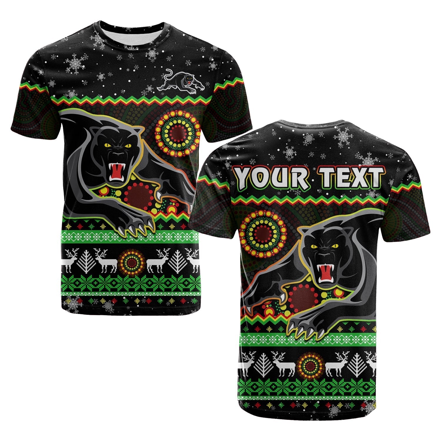 (Custom Personalised) Panthers Christmas T Shirt Aboriginal Pattern Penrith Black Version - Vibe Hoodie Shop