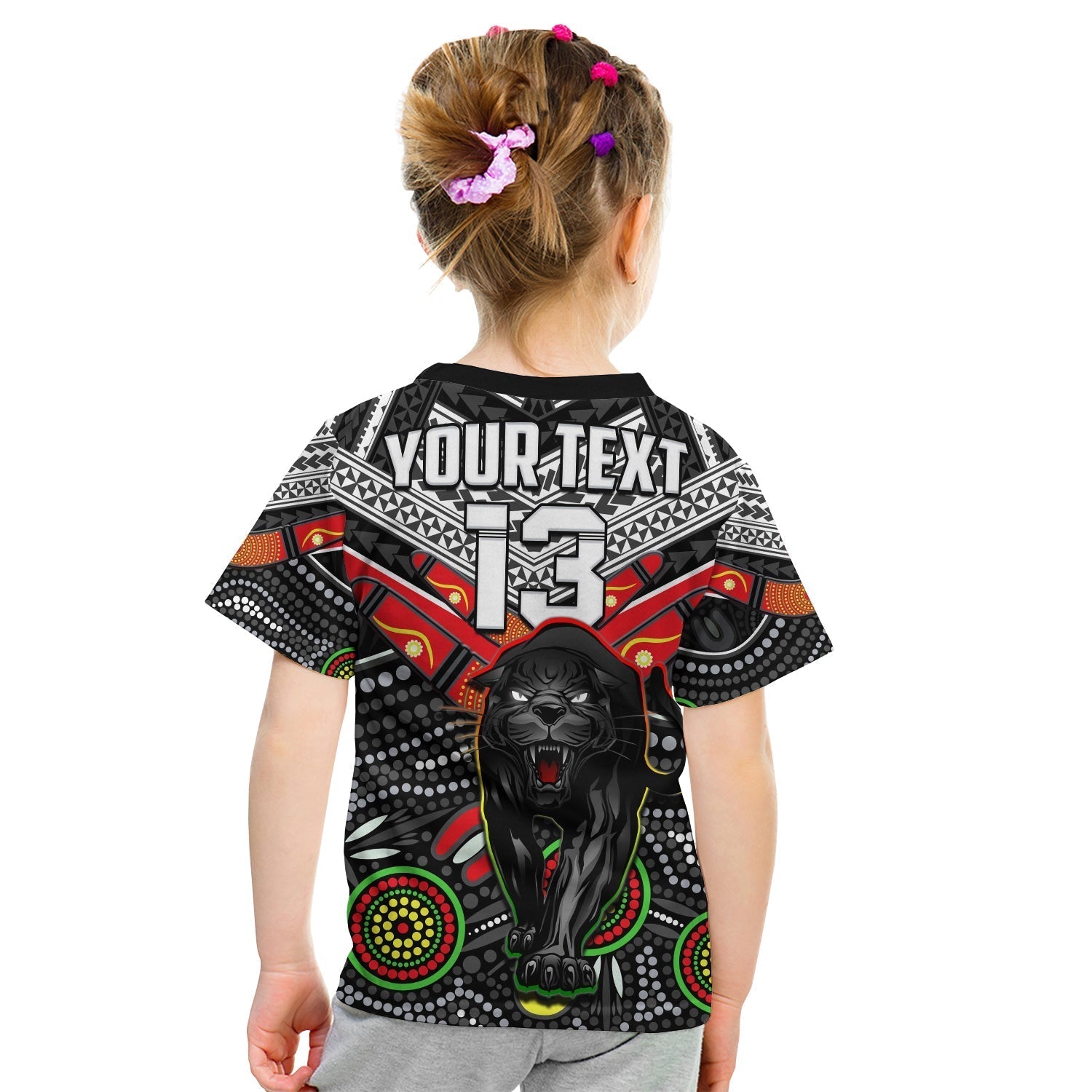 (Custom Text and Number) Panthers Rugby T Shirt KID Aboriginal and Polynesia Penrith The Riff - Vibe Hoodie Shop
