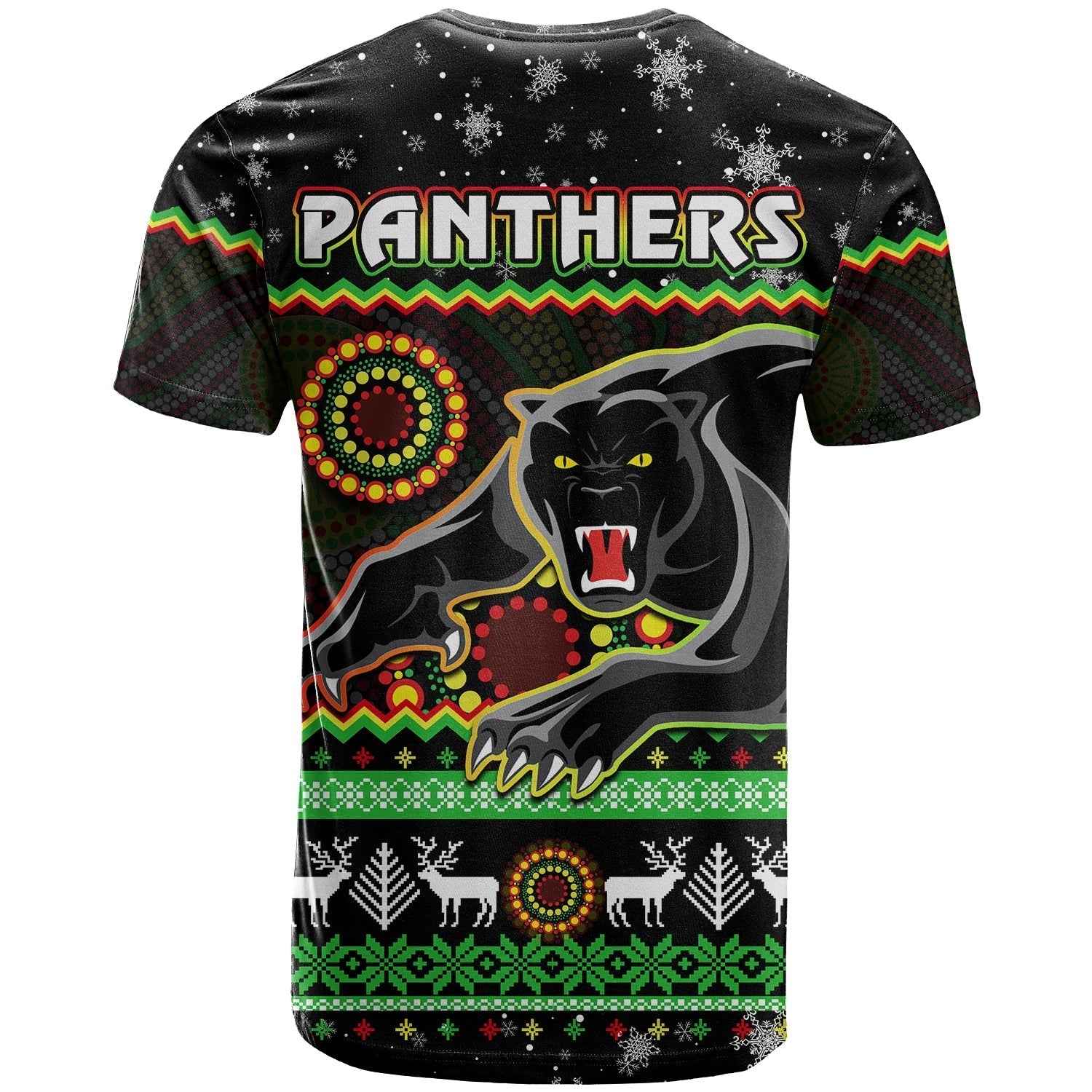 Panthers Christmas T Shirt Aboriginal Pattern Penrith Black Version - Vibe Hoodie Shop