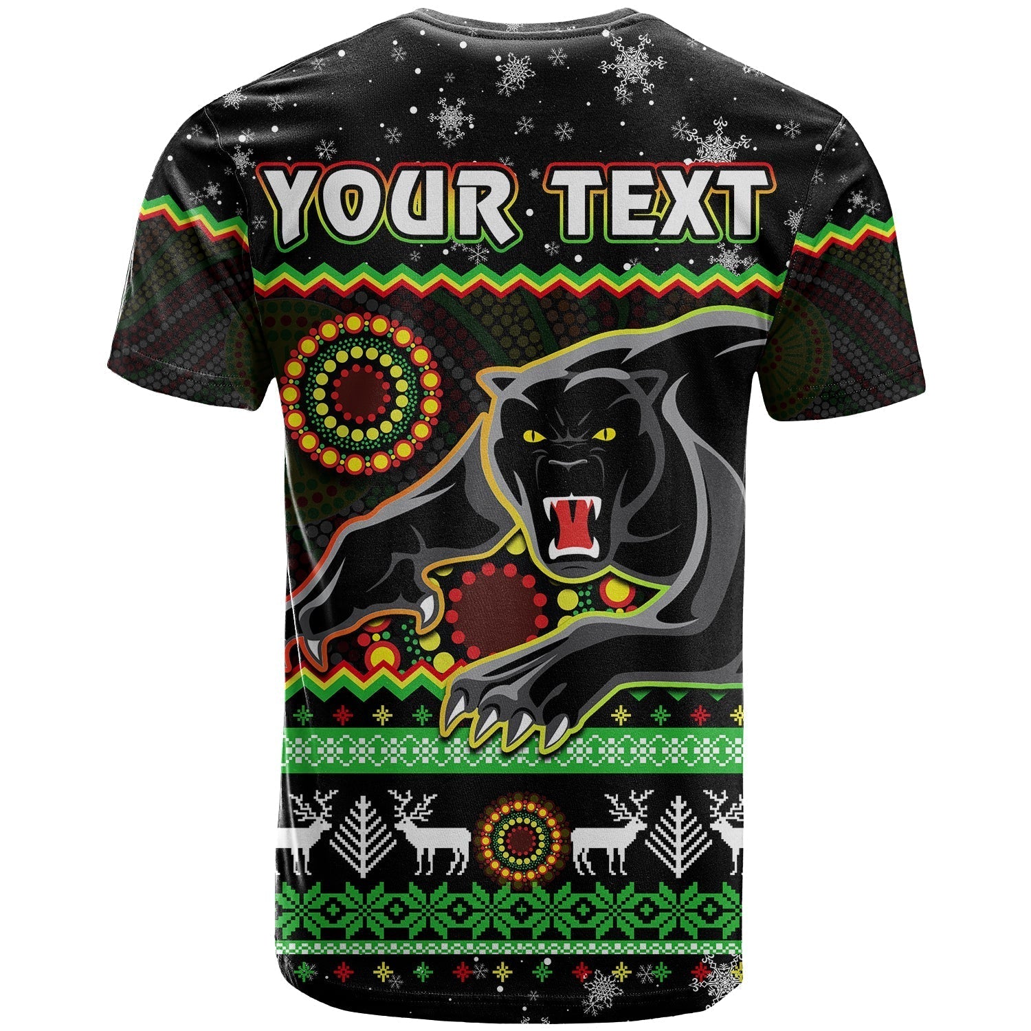 (Custom Personalised) Panthers Christmas T Shirt Aboriginal Pattern Penrith Black Version - Vibe Hoodie Shop