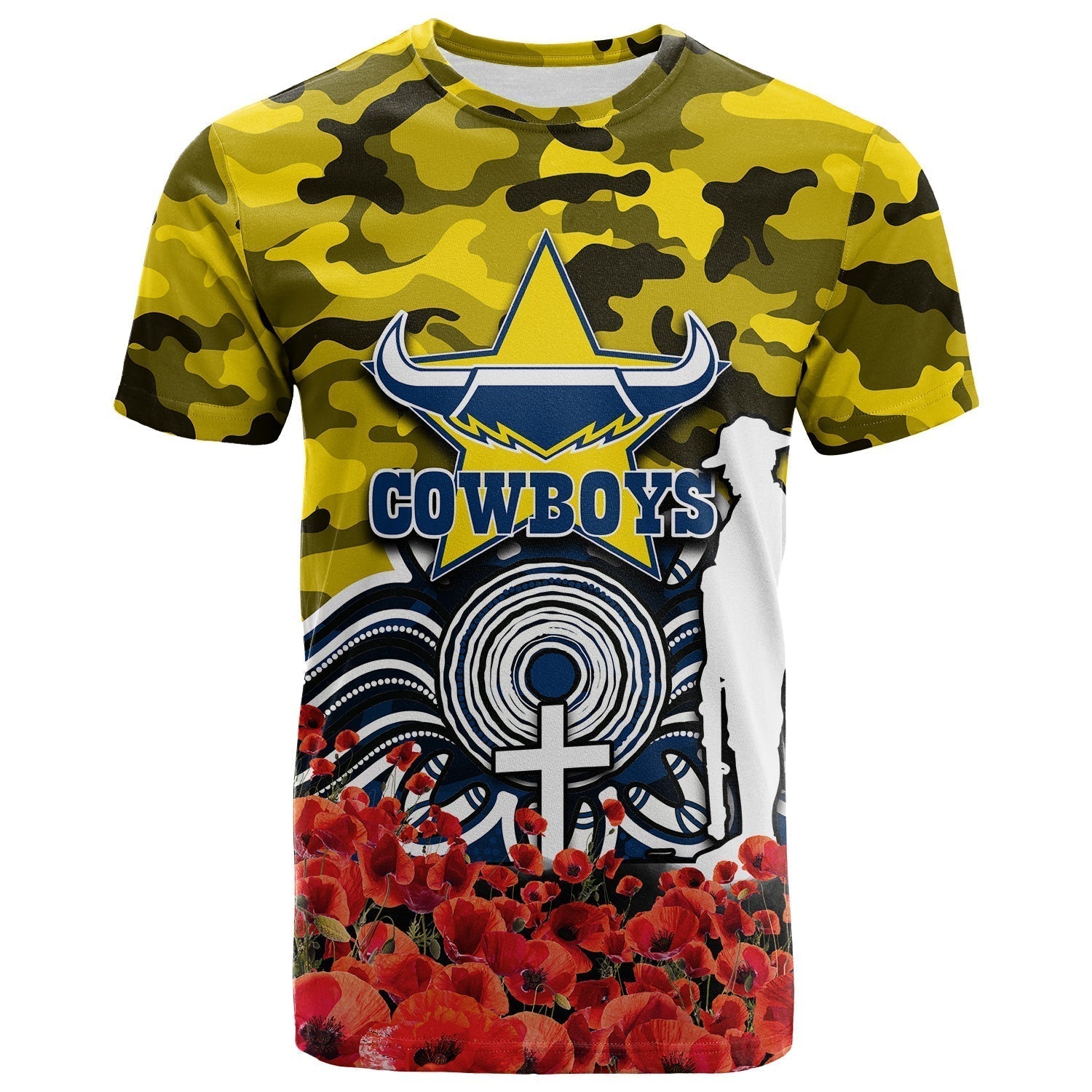 North Queensland Cowboys T shirt ANZAC Day Poppy Flowers With Army Patterns - Vibe Hoodie Shop