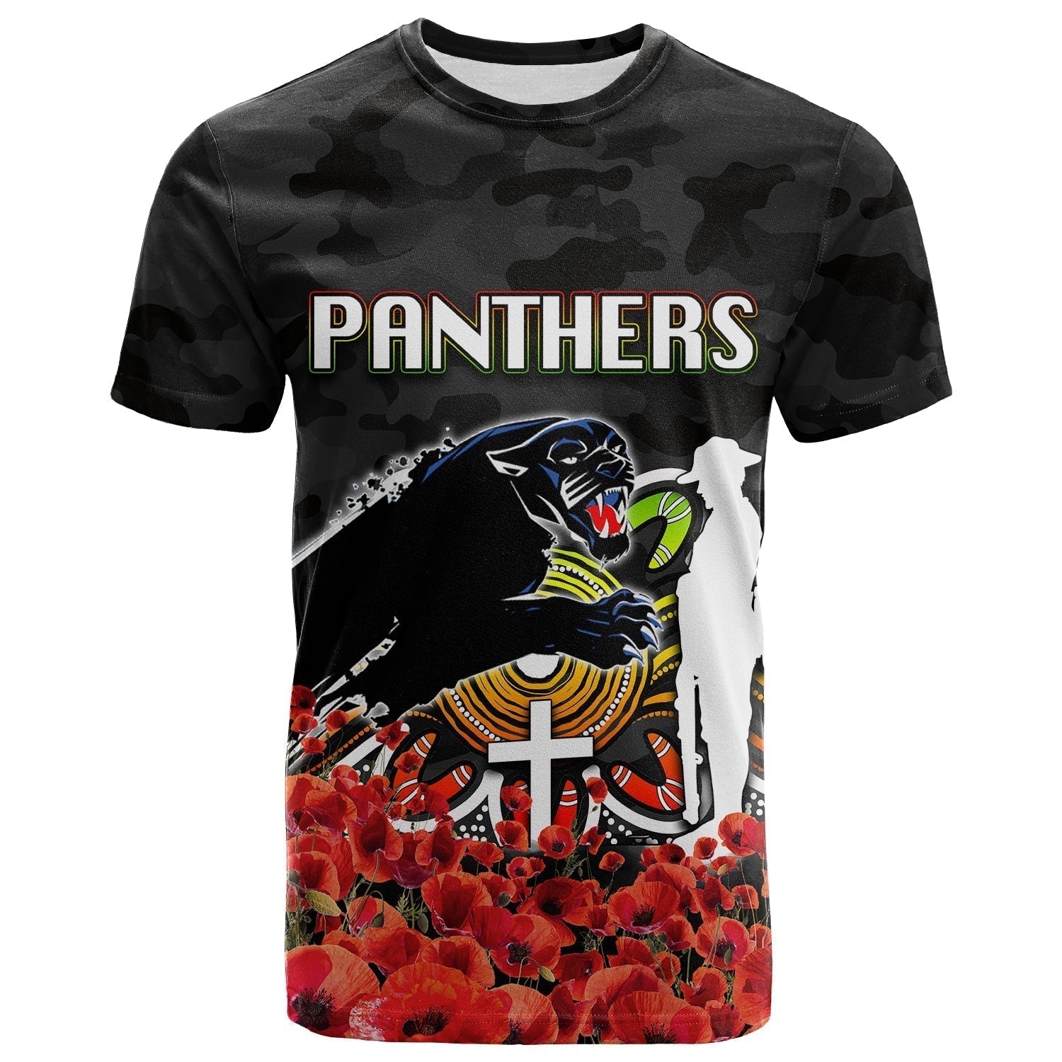 Penrith Panthers T shirt ANZAC Day Poppy Flowers With Army Patterns - Vibe Hoodie Shop