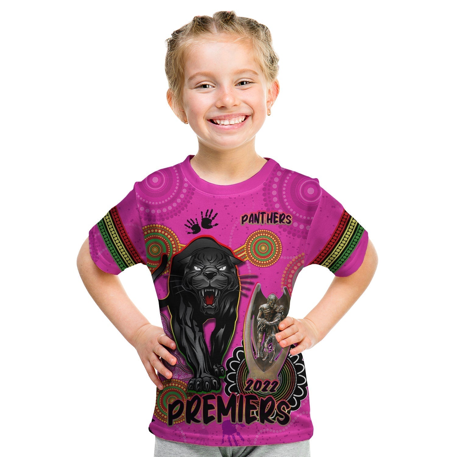 (Custom Text and Number) Panthers T Shirt KID Aboriginal Premiers 2022 We Are The Champions With Trophy - Vibe Hoodie Shop