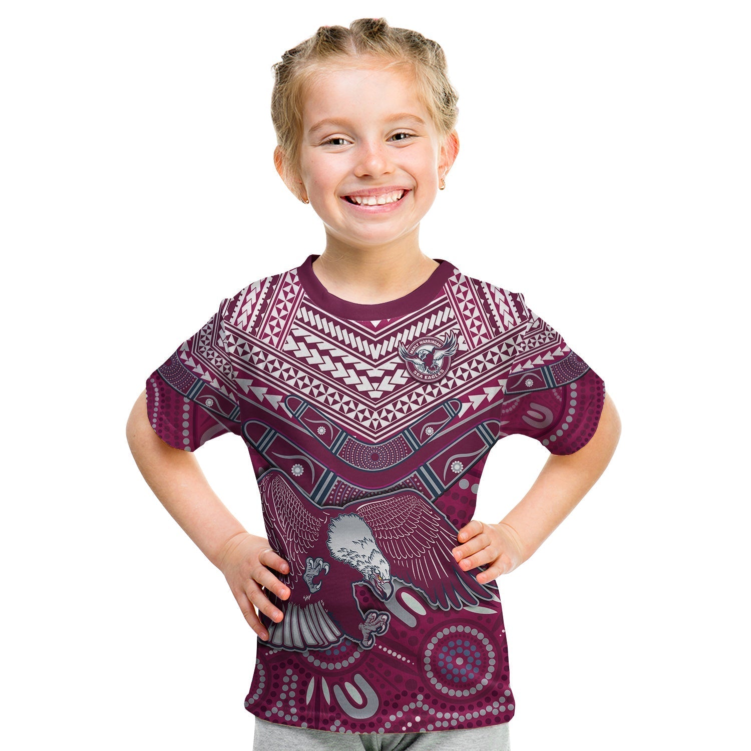 (Custom Text and Number) Sea Eagles Rugby T Shirt KID Aboriginal and Polynesia Manly Warringah - Vibe Hoodie Shop