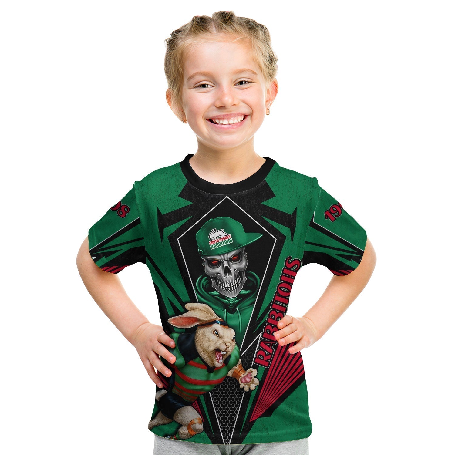 (Custom Personalised) Rabbitohs Rugby T Shirt KID Mascot South Sydney Since 1908 Cool Skull - Vibe Hoodie Shop