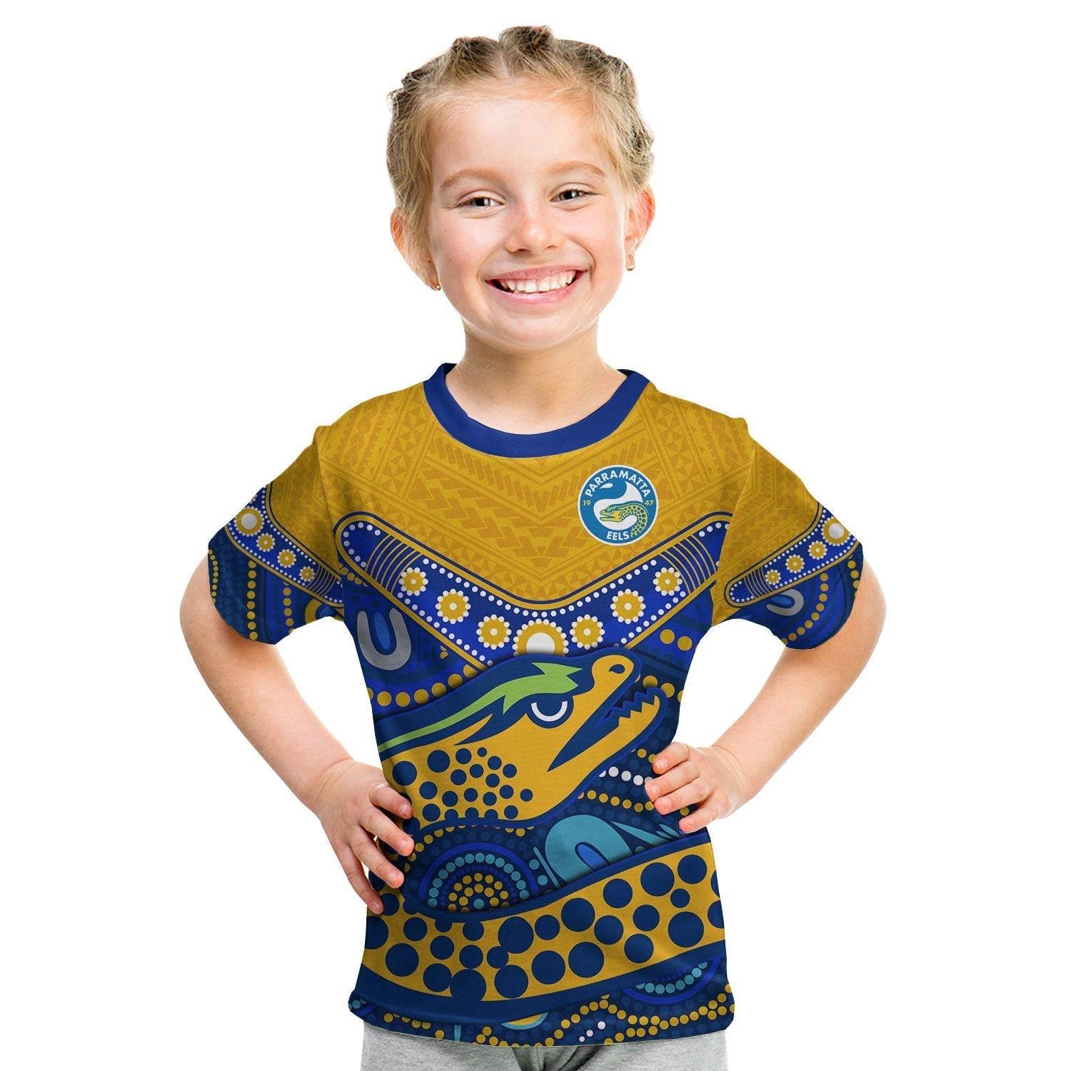 (Custom Text and Number) Eels Rugby T Shirt KID Aboriginal and Polynesia Parramatta - Vibe Hoodie Shop