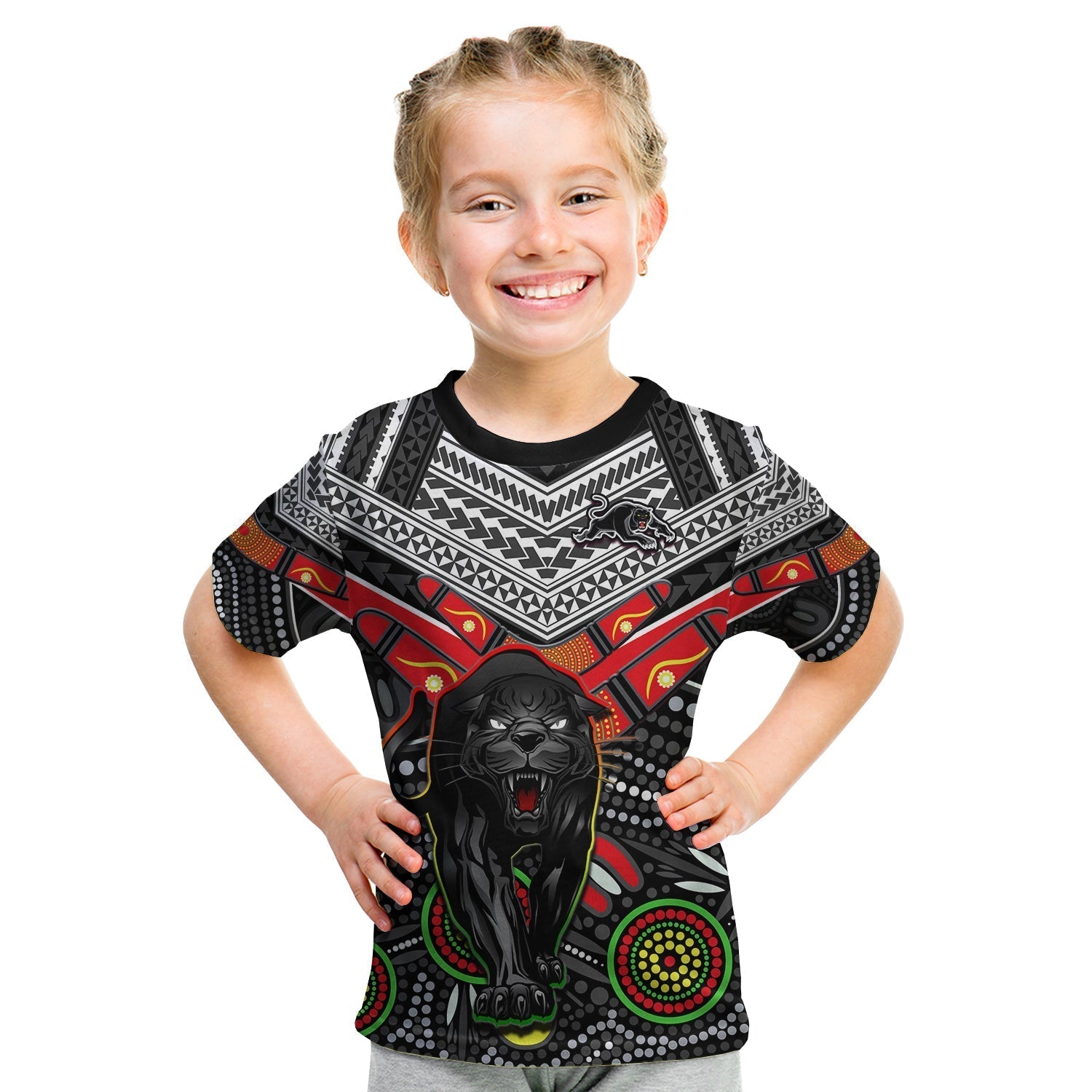 (Custom Text and Number) Panthers Rugby T Shirt KID Aboriginal and Polynesia Penrith The Riff - Vibe Hoodie Shop