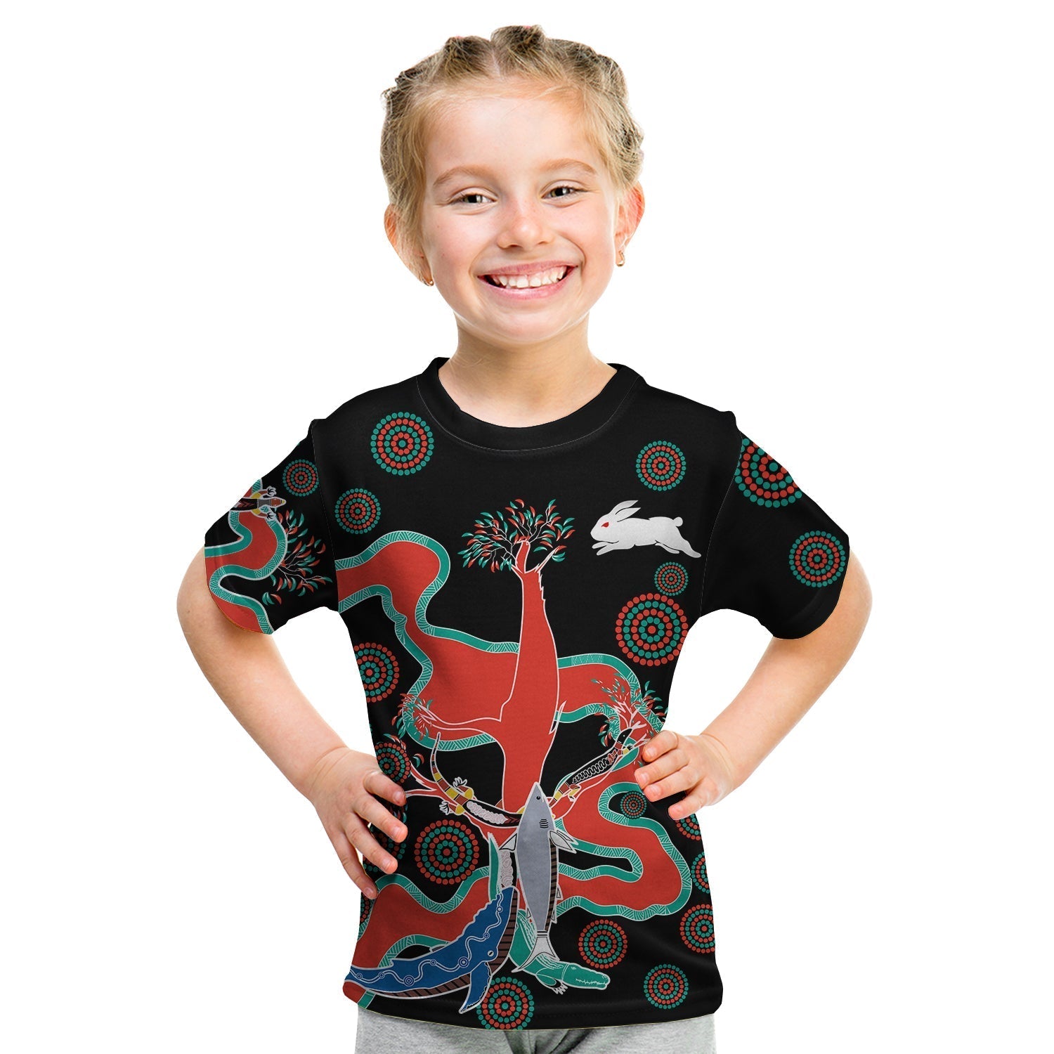 (Custom Text and Number) Rabbitohs T Shirt KID Go The Bunnies Aboriginal - Vibe Hoodie Shop