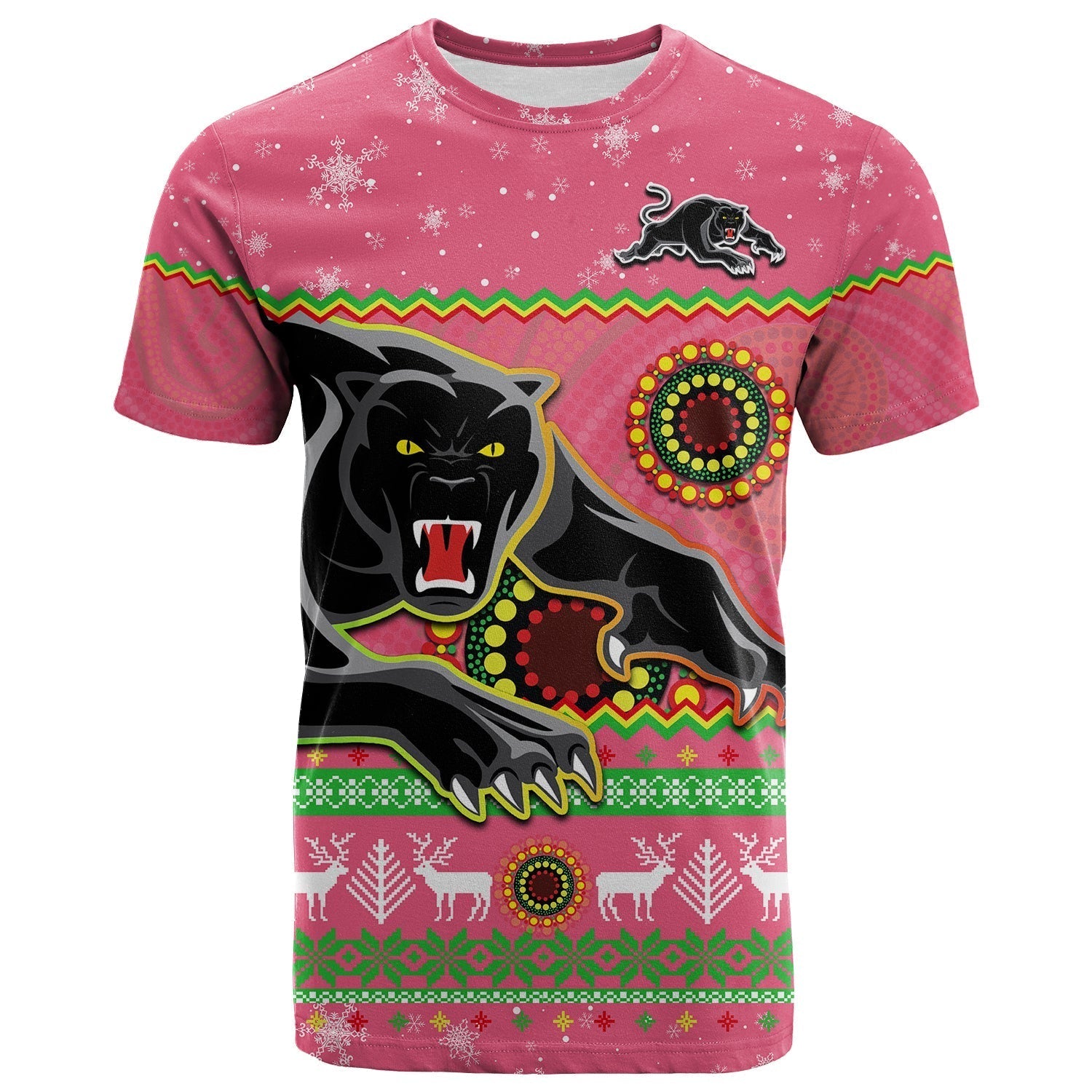 Panthers Christmas T Shirt Aboriginal Pattern Penrith Pink Version - Vibe Hoodie Shop