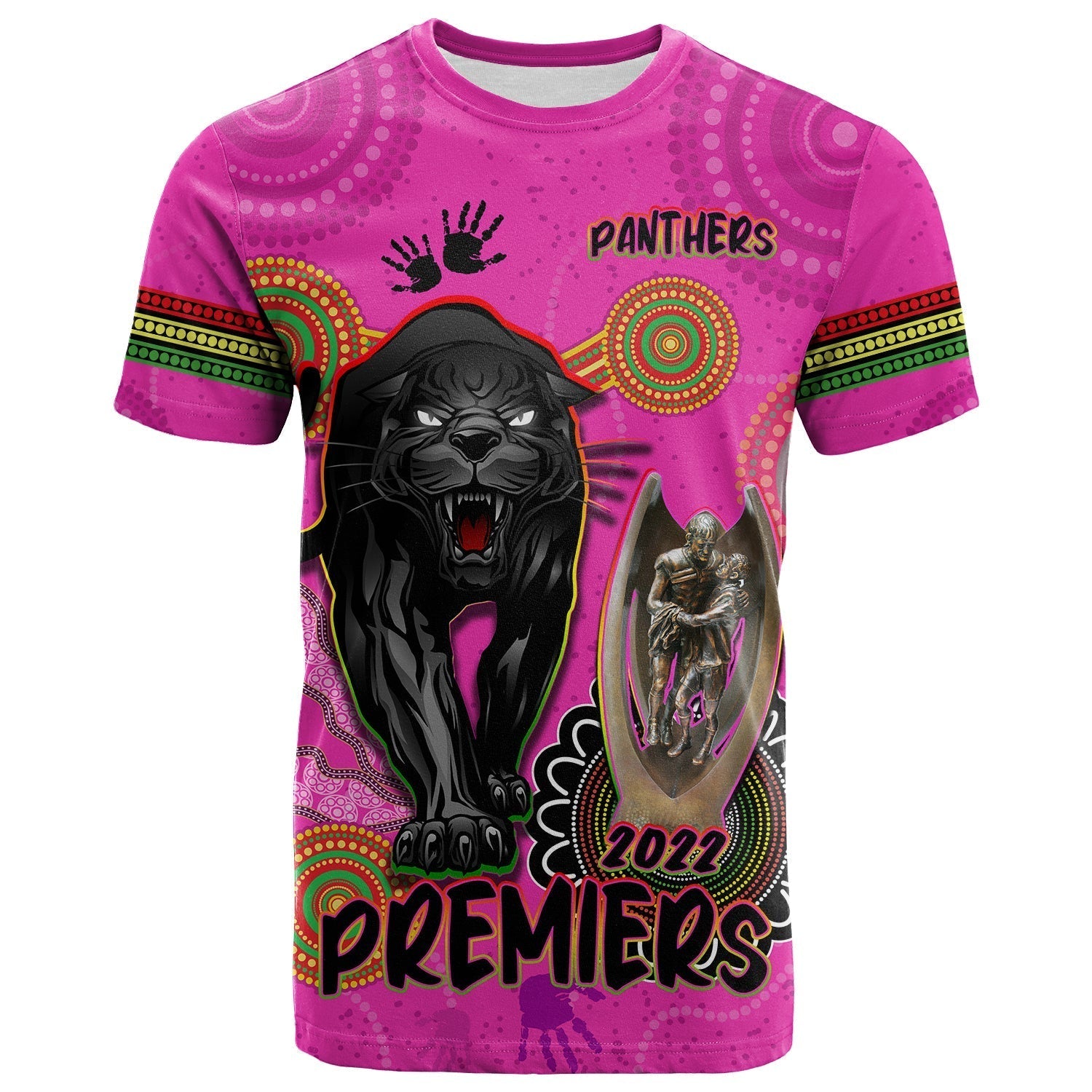 (Custom Text and Number) Panthers T Shirt Aboriginal Premiers 2022 We Are The Champions With Trophy - Vibe Hoodie Shop