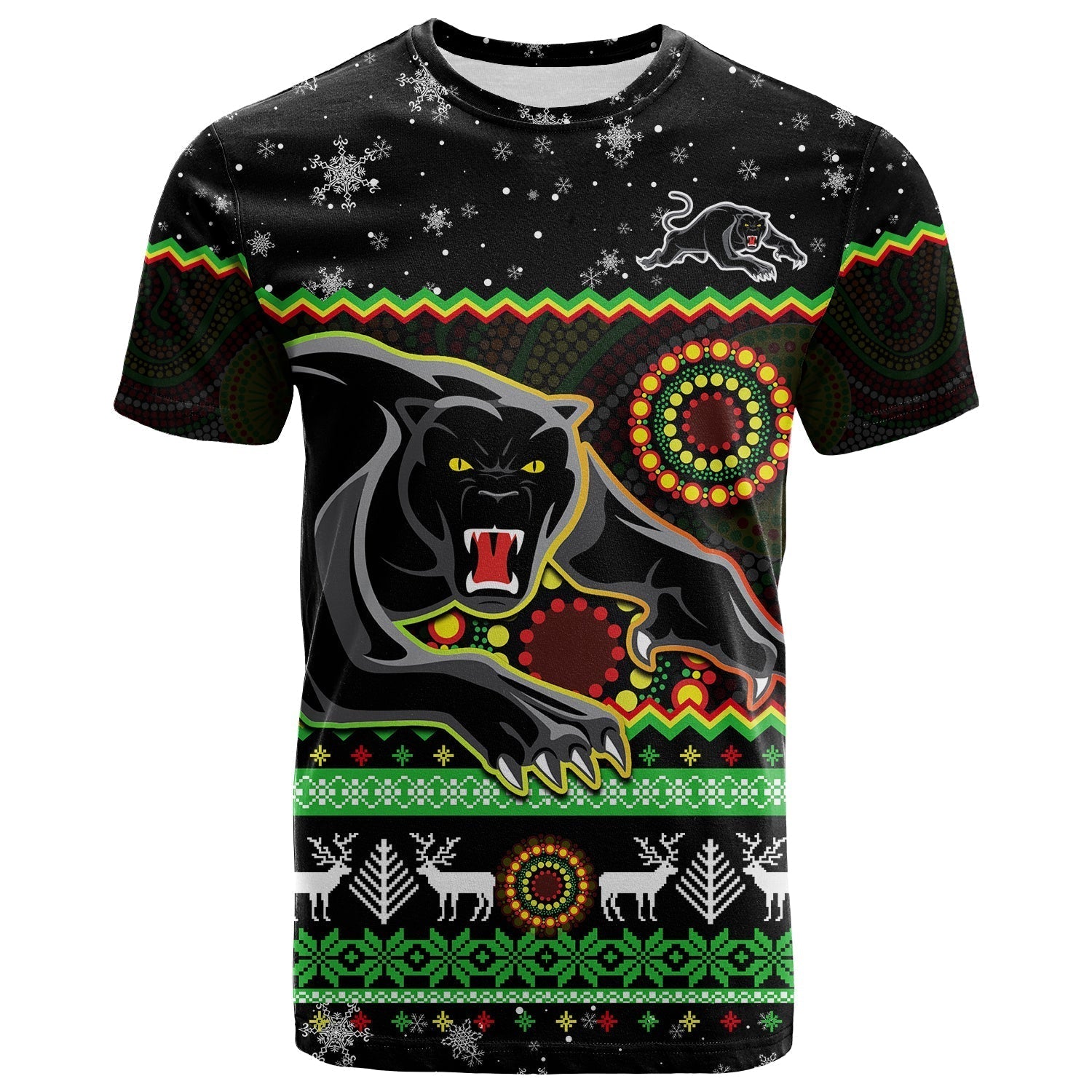 Panthers Christmas T Shirt Aboriginal Pattern Penrith Black Version - Vibe Hoodie Shop