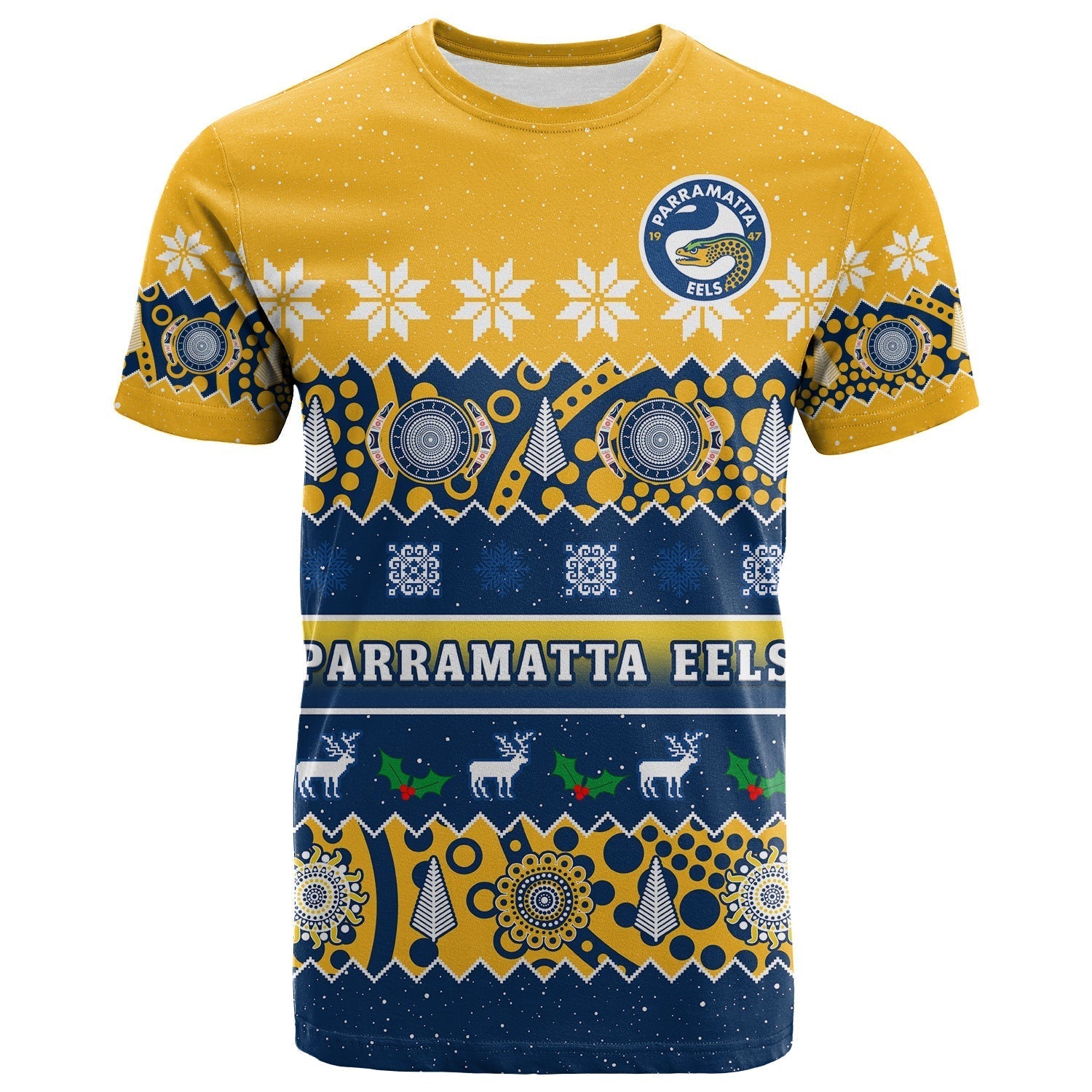 Parramatta Eels Christmas T Shirt Parra Aboriginal Art Merry Xmas - Vibe Hoodie Shop