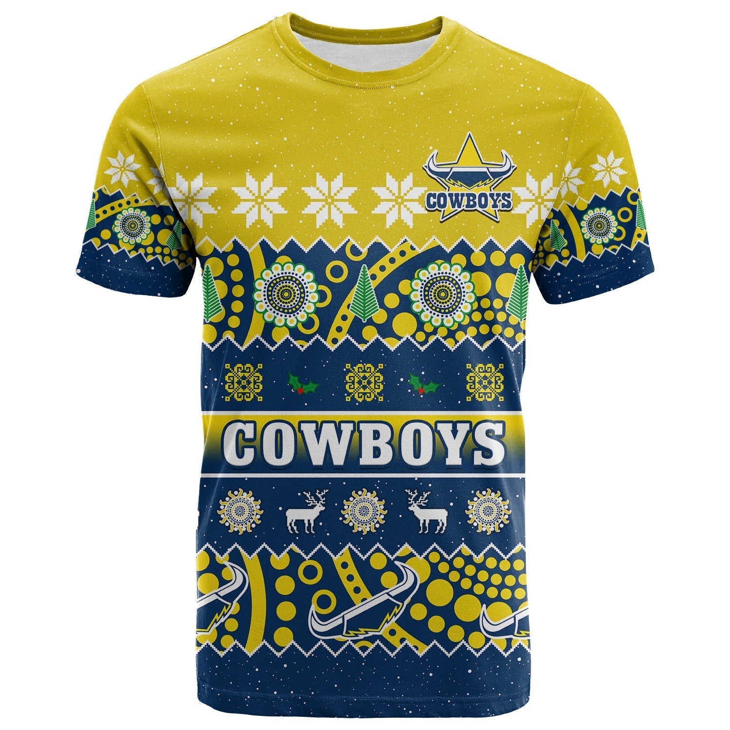 (Custom Personalised) Cowboys Christmas T Shirt Aboriginal Art Merry Xmas - Vibe Hoodie Shop