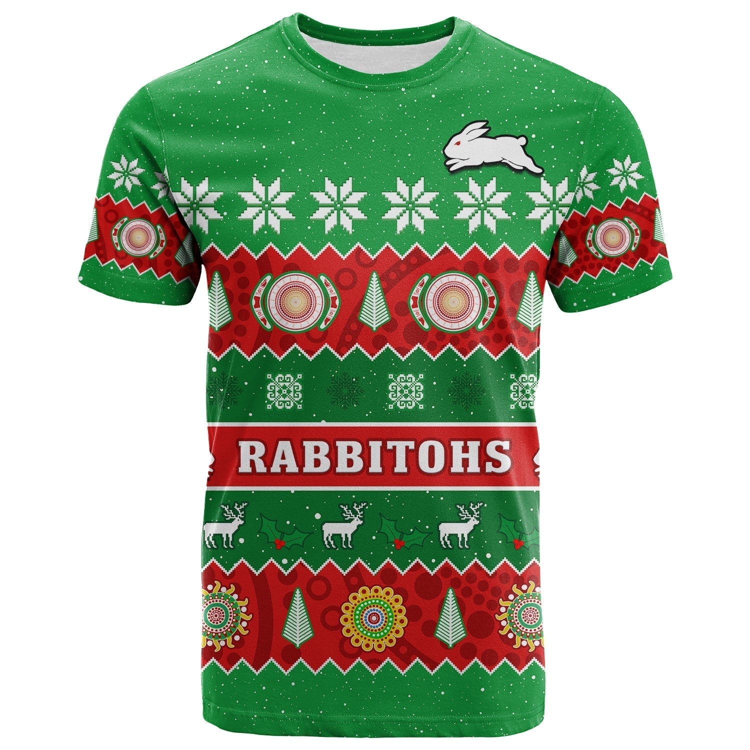 Rabbitohs Christmas T Shirt Souths Aboriginal Art Merry Xmas - Vibe Hoodie Shop