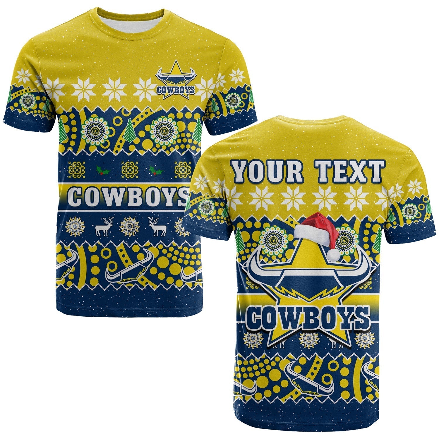 (Custom Personalised) Cowboys Christmas T Shirt Aboriginal Art Merry Xmas - Vibe Hoodie Shop