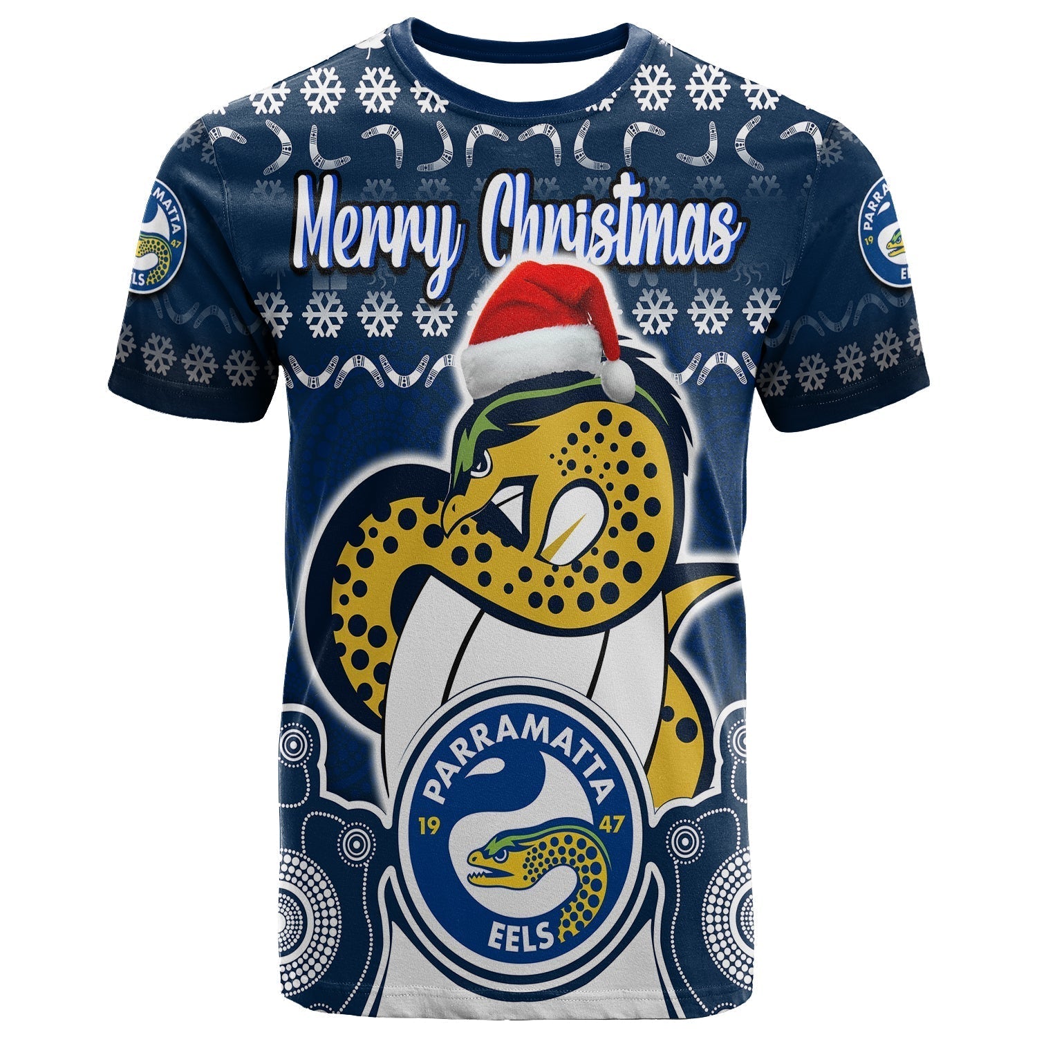 (Custom Personalised) Parramatta Eels Christmas Vibe With Aboriginal Dot Panting Style T Shirt LT9 - Vibe Hoodie Shop