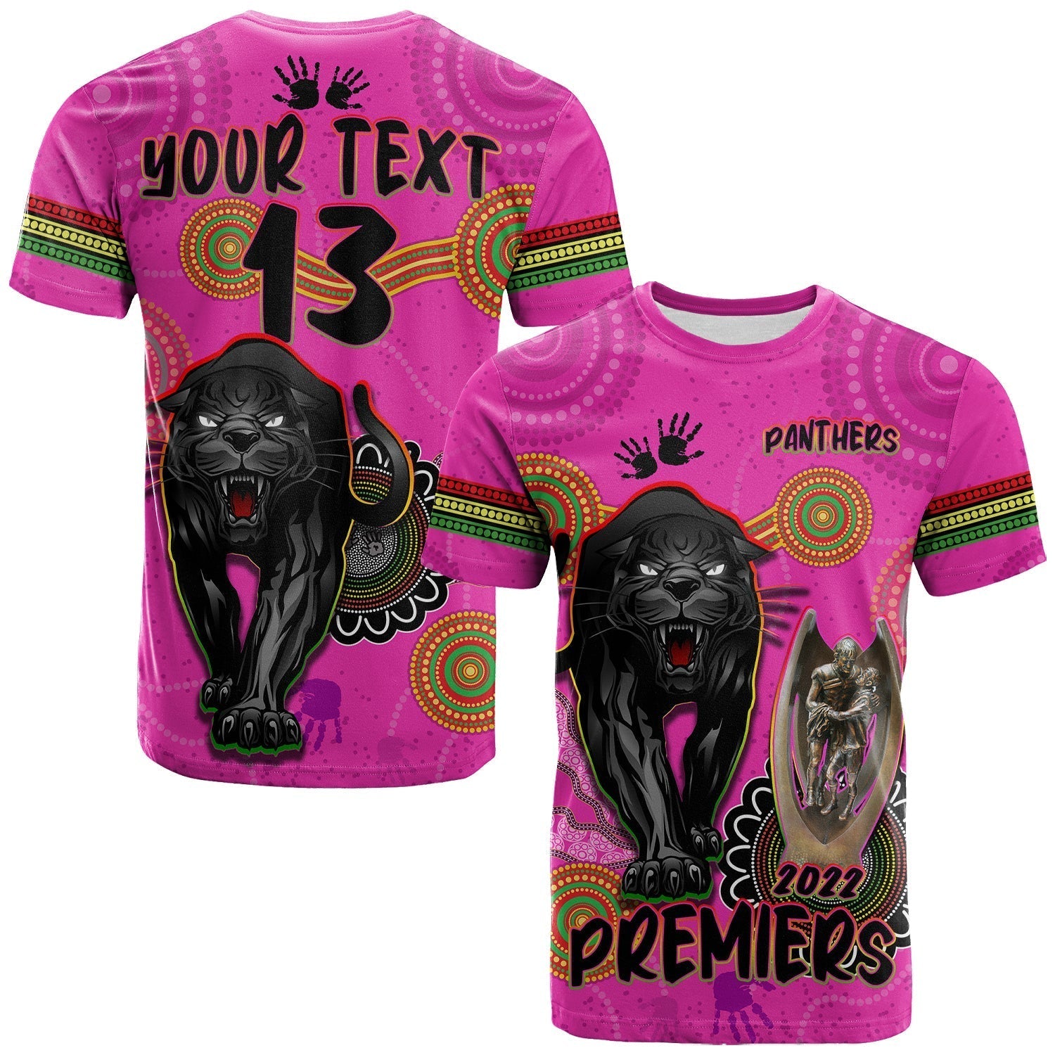 (Custom Text and Number) Panthers T Shirt Aboriginal Premiers 2022 We Are The Champions With Trophy - Vibe Hoodie Shop