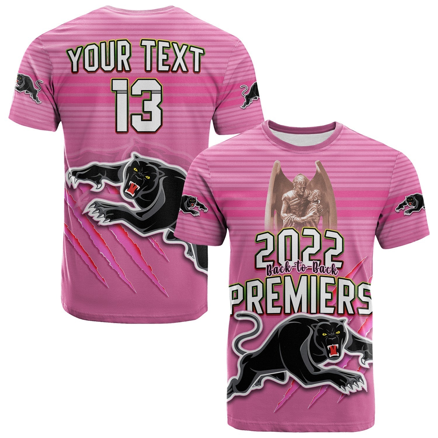 Custom Text and Number Panthers Proud T Shirt Back to Back Premiers 2022 Version Pink - Vibe Hoodie Shop