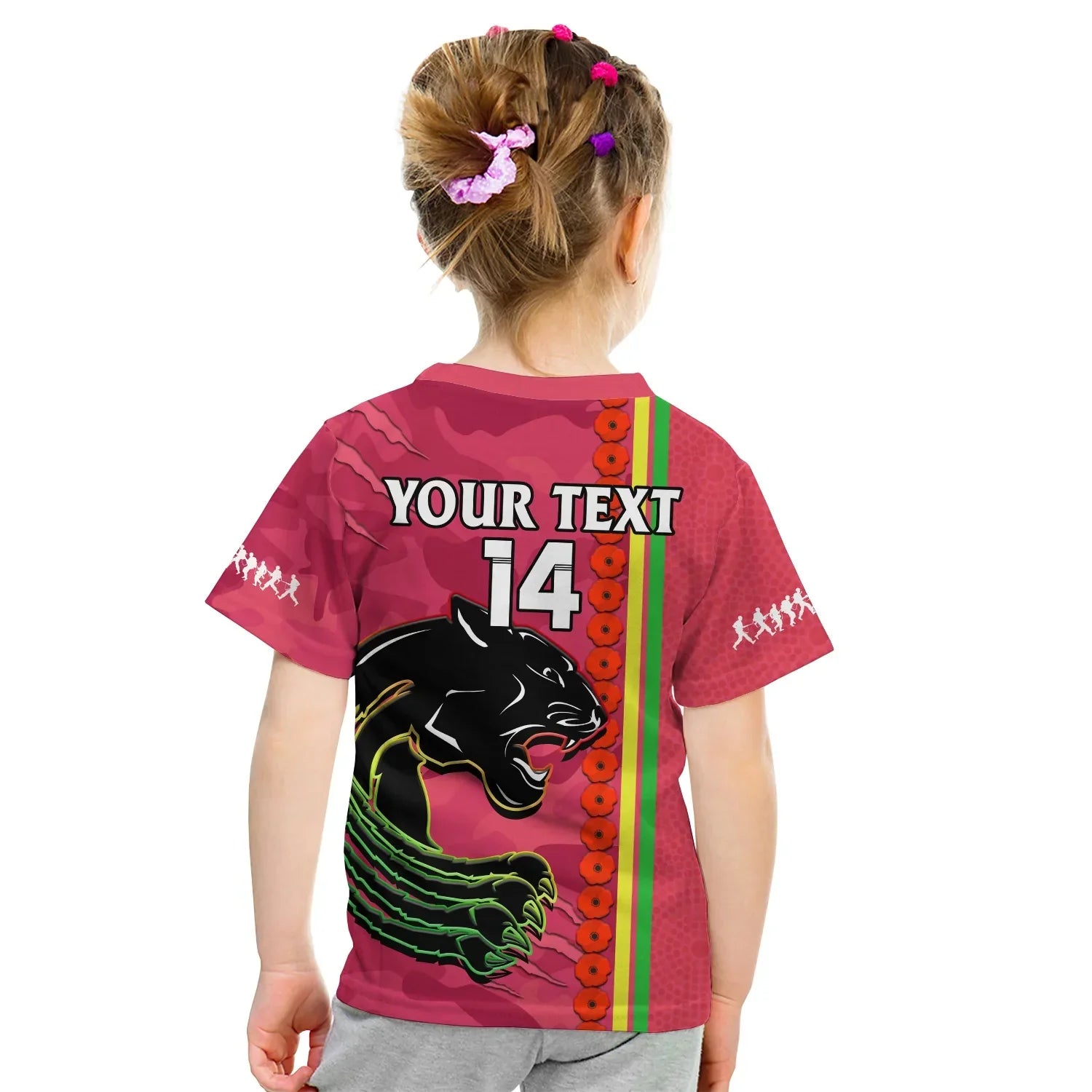 (Custom Text And Number) Panthers Rugby ANZAC T Shirt KID Aboriginal Mix Poppy Camouflage Pink - Vibe Hoodie Shop