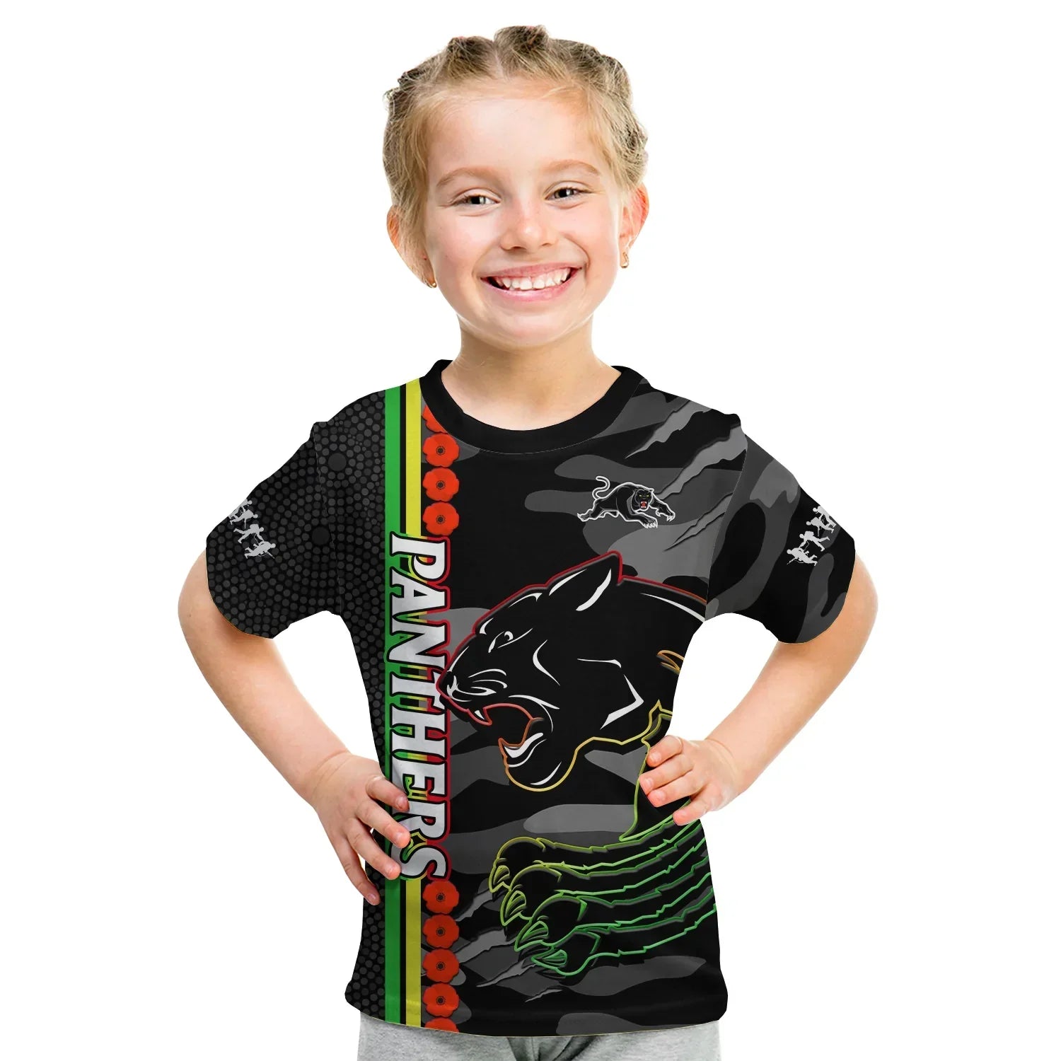 Panthers Rugby ANZAC T Shirt KID Aboriginal Mix Poppy Camouflage Black - Vibe Hoodie Shop