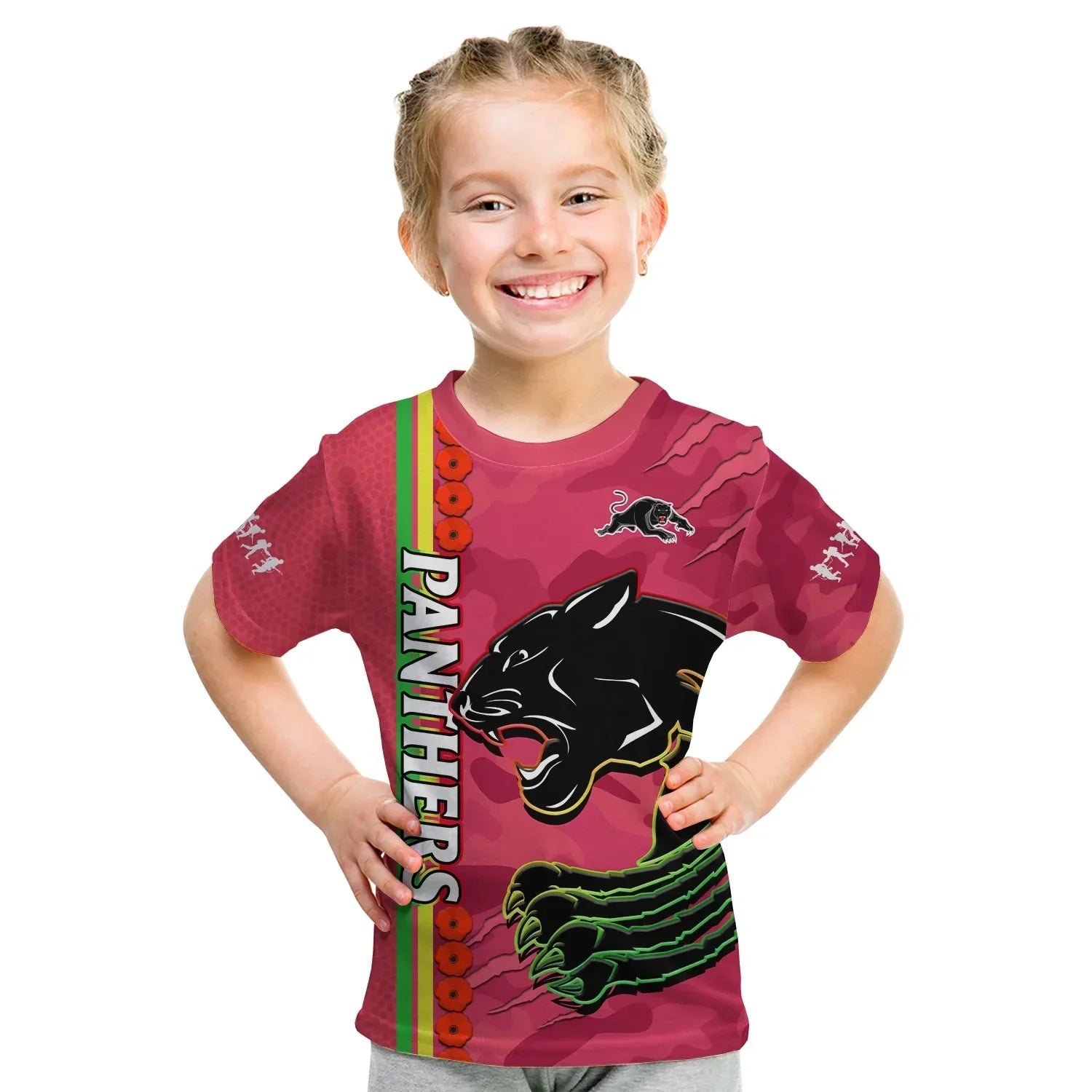 (Custom Text And Number) Panthers Rugby ANZAC T Shirt KID Aboriginal Mix Poppy Camouflage Pink - Vibe Hoodie Shop