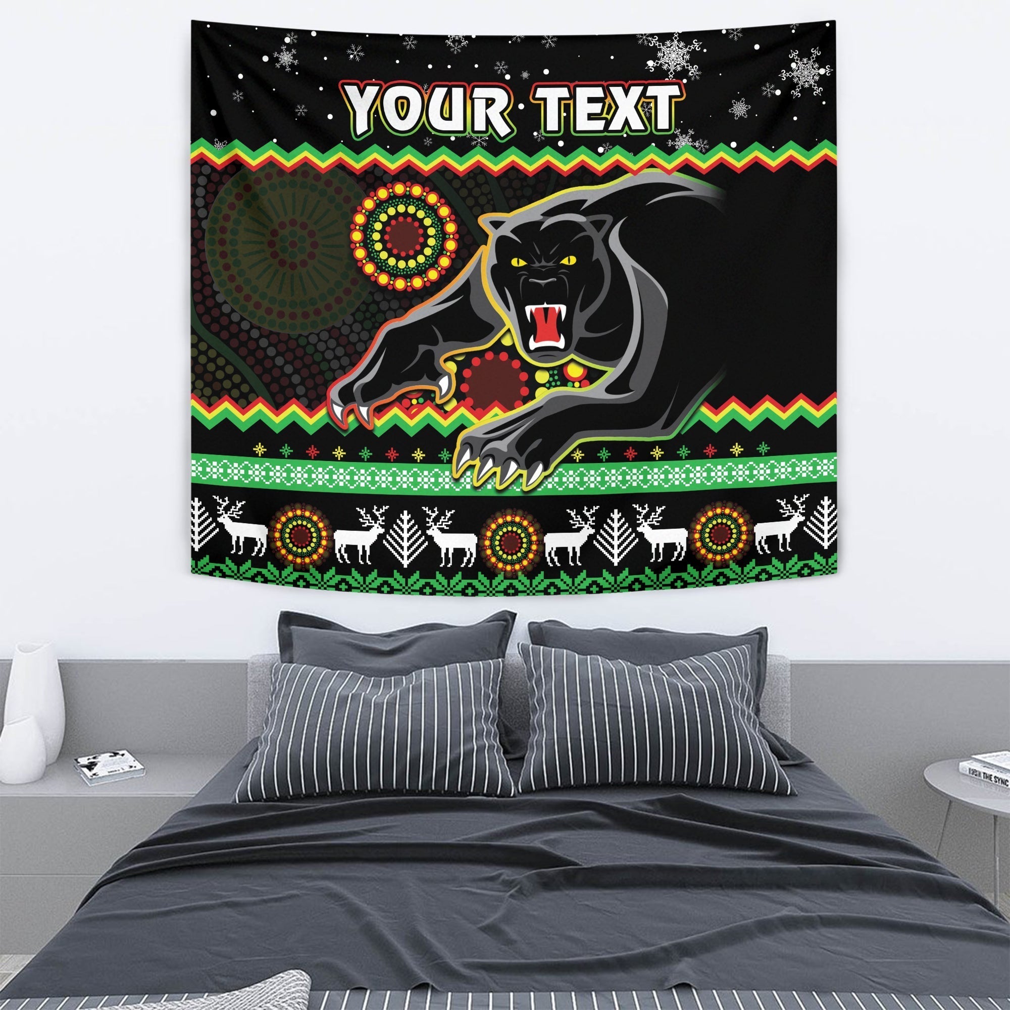 (Custom Personalised) Panthers Christmas Tapestry Aboriginal Pattern Penrith Black Version - Vibe Hoodie Shop